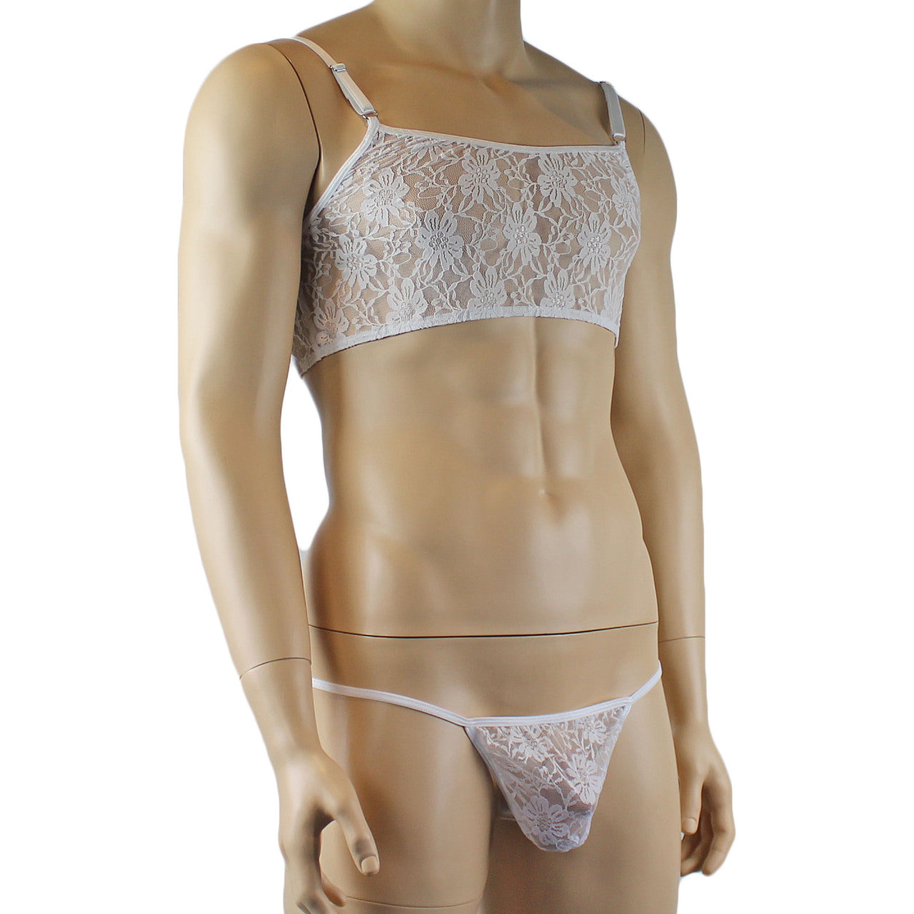 Mens Sexy Lace Crop Bra Top Camisole and Male Lingerie G string White