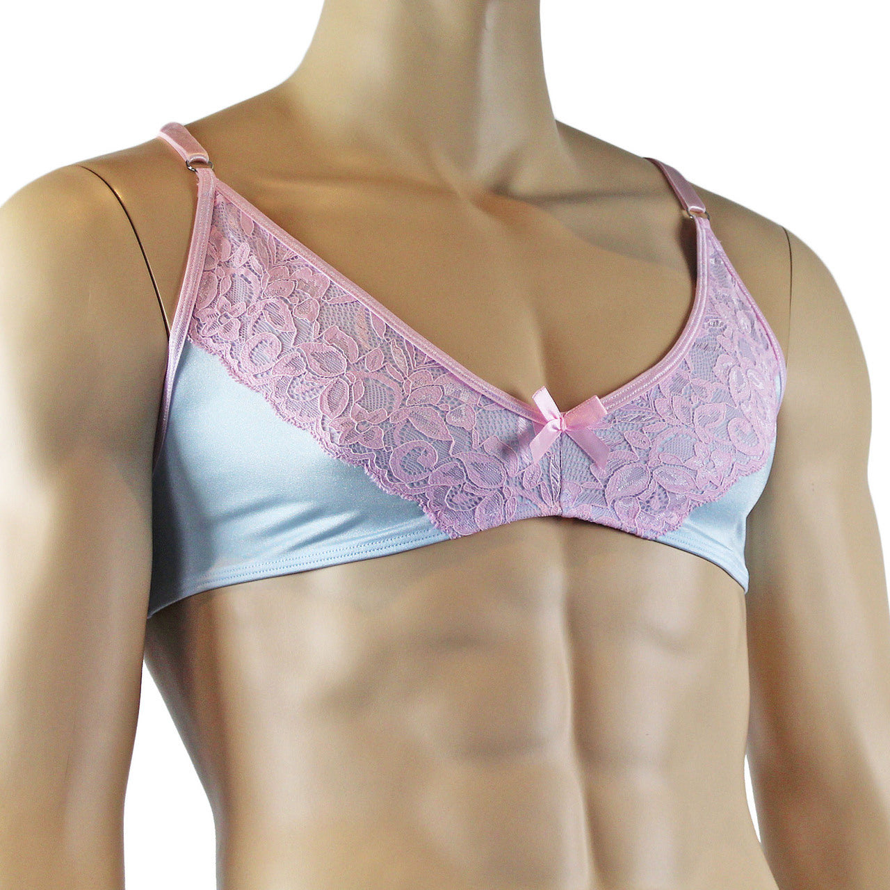 Mens Isabel Bra Top with Floral Lace Trim Male Lingerie Light Blue and Pink Lace