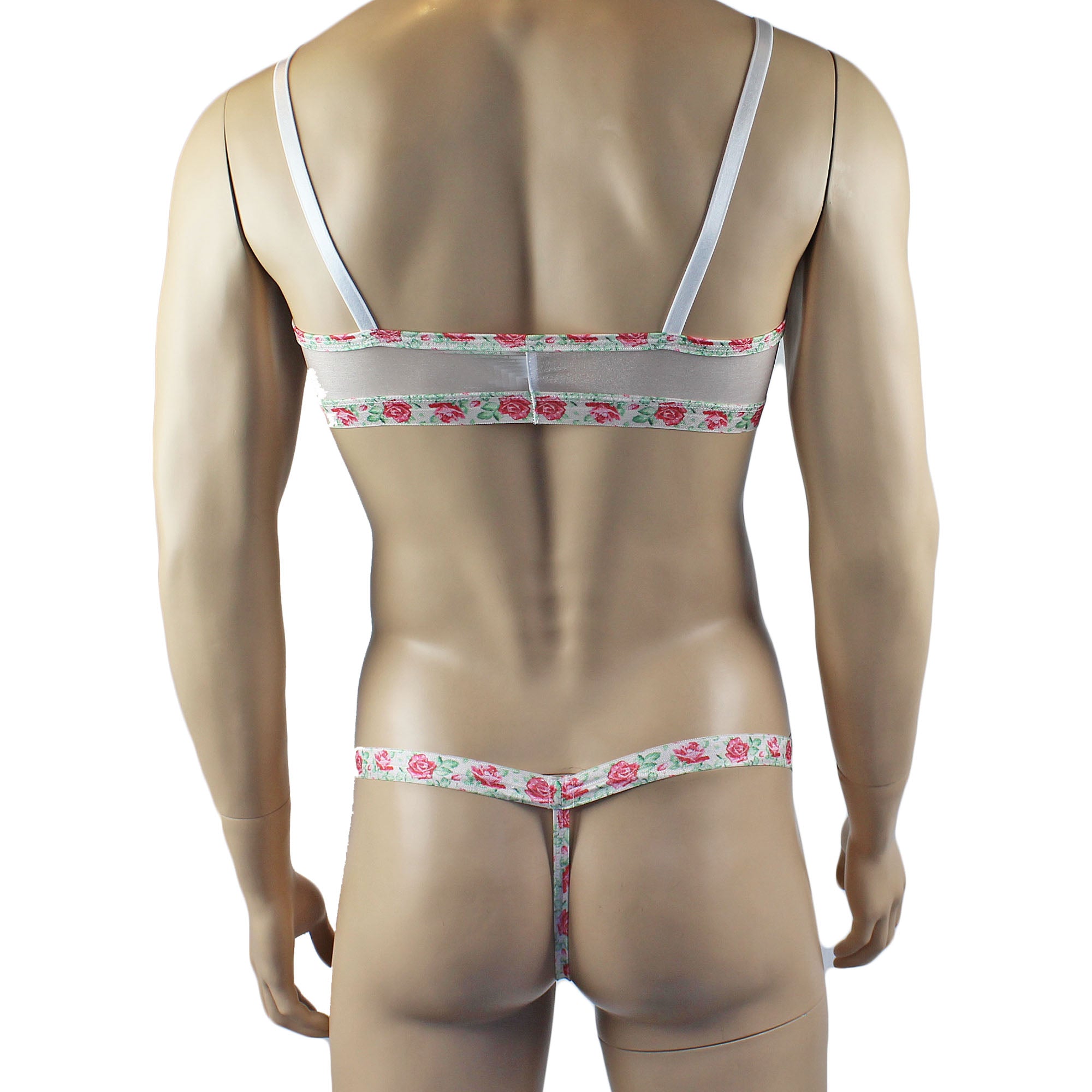 Mens Crystal Rose Sheer Stretch Glissenette Bra Top & G string with Flower Trim White
