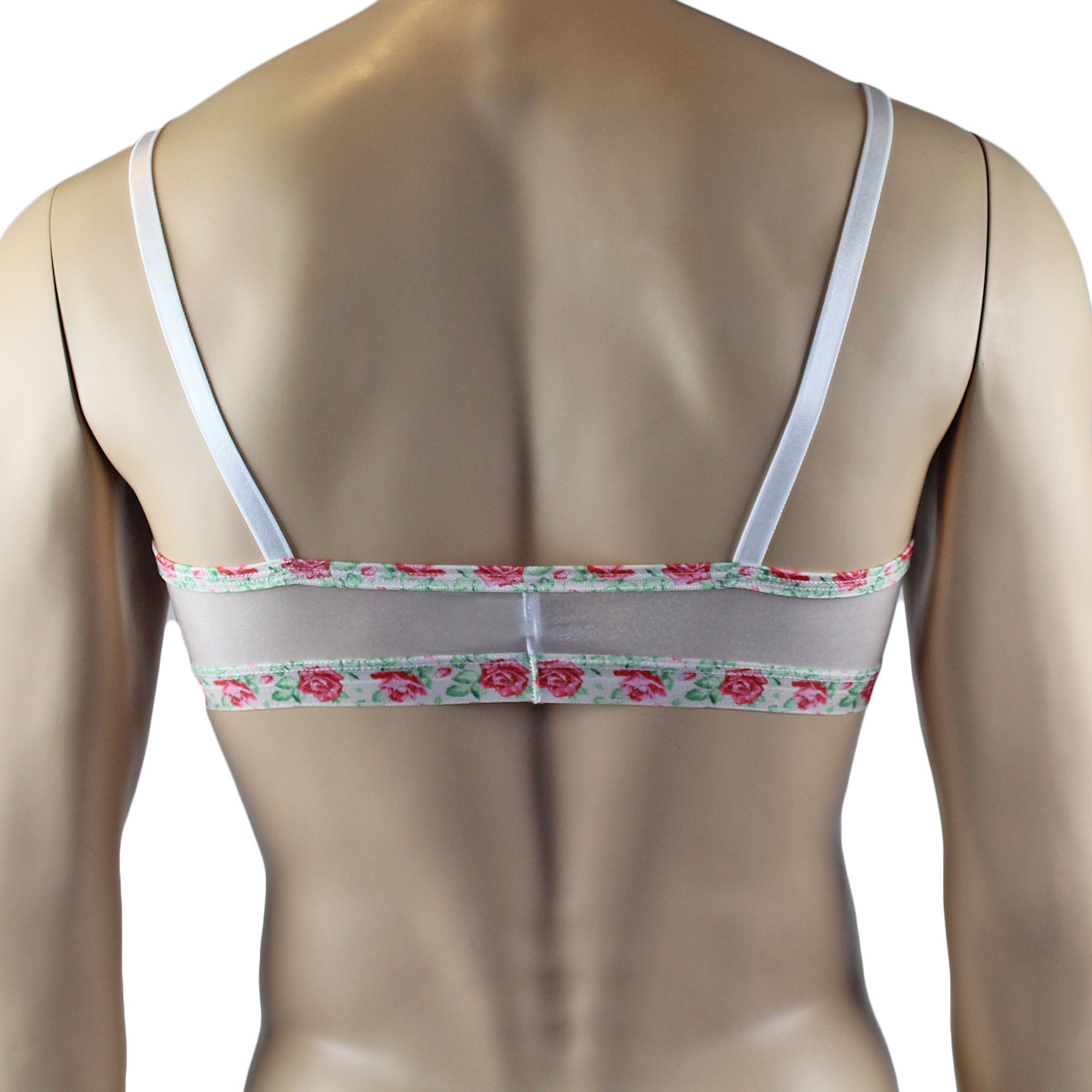 Mens Crystal Rose Sheer Stretch Glissenette Bra Top & G string with Flower Trim White