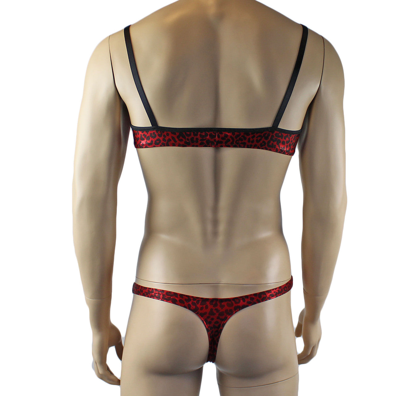 Mens Dazzle Animal Leopard Print Bra and Thong Set Red