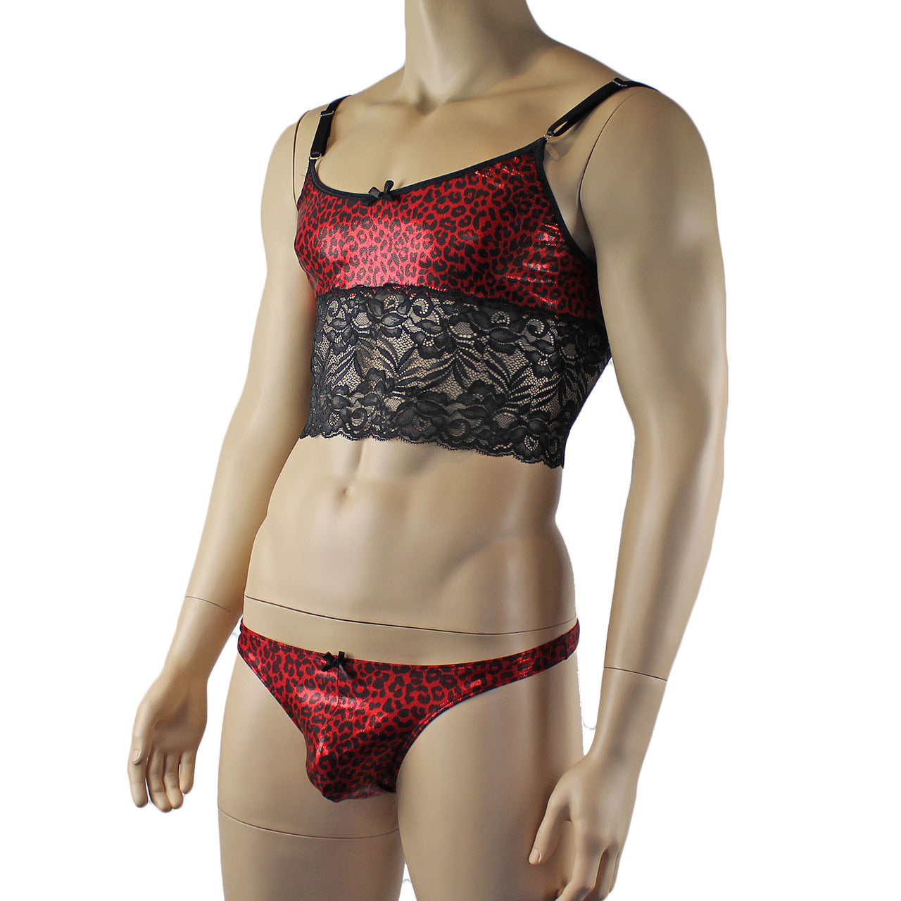 Mens Dazzle Animal Leopard Print Bra Top Camisole and Thong Set Red