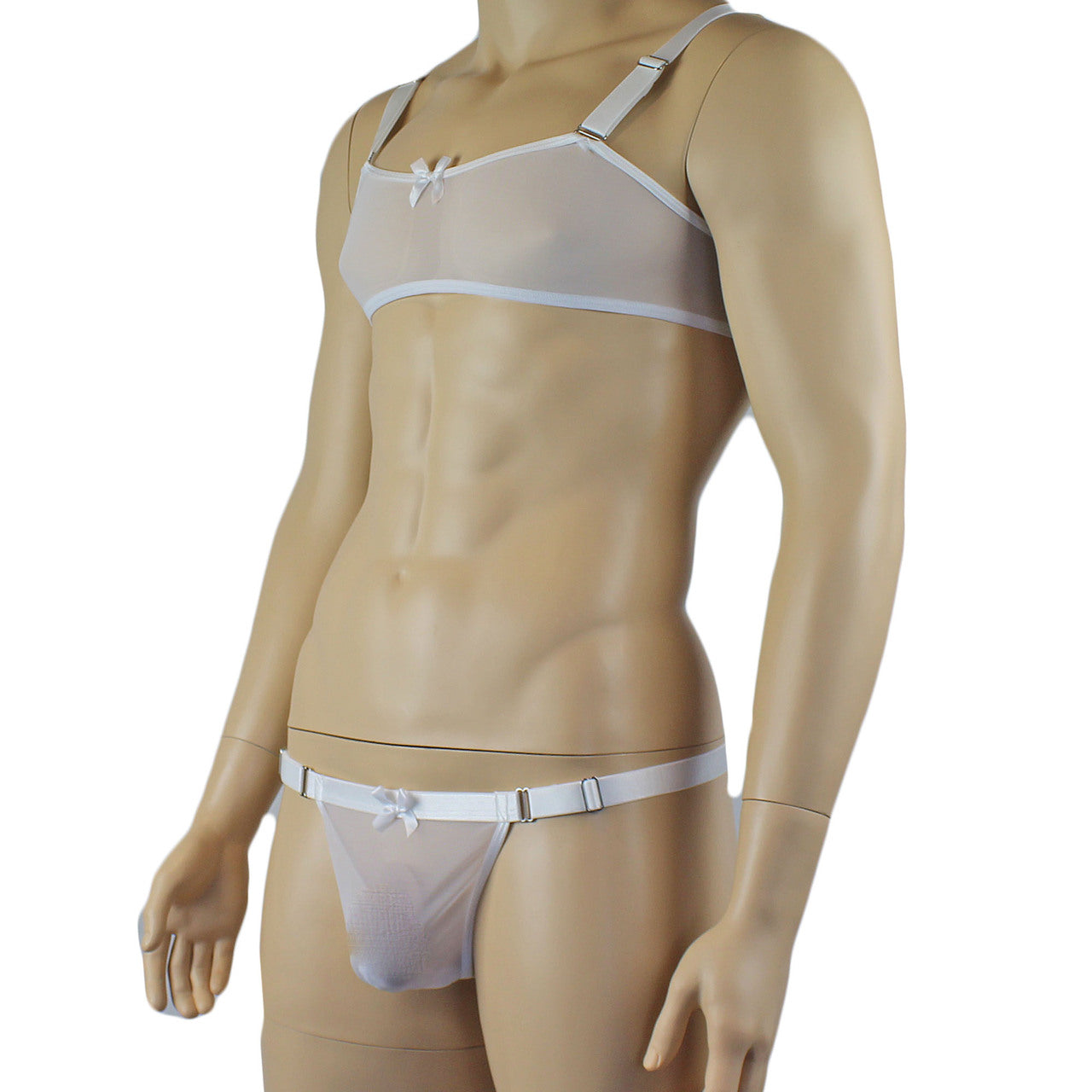 Mens Exotic Sheer Mesh Bra Top & G string White