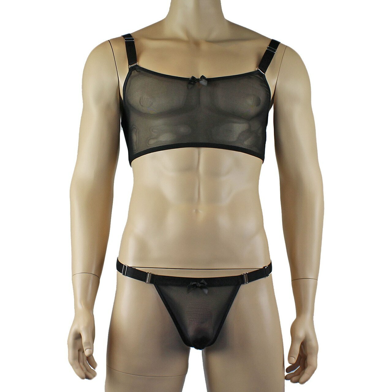 Mens Exotic Sheer Mesh Crop Bra Top Camisole, G string & Garterbelt - Sizes up to 3XL Black