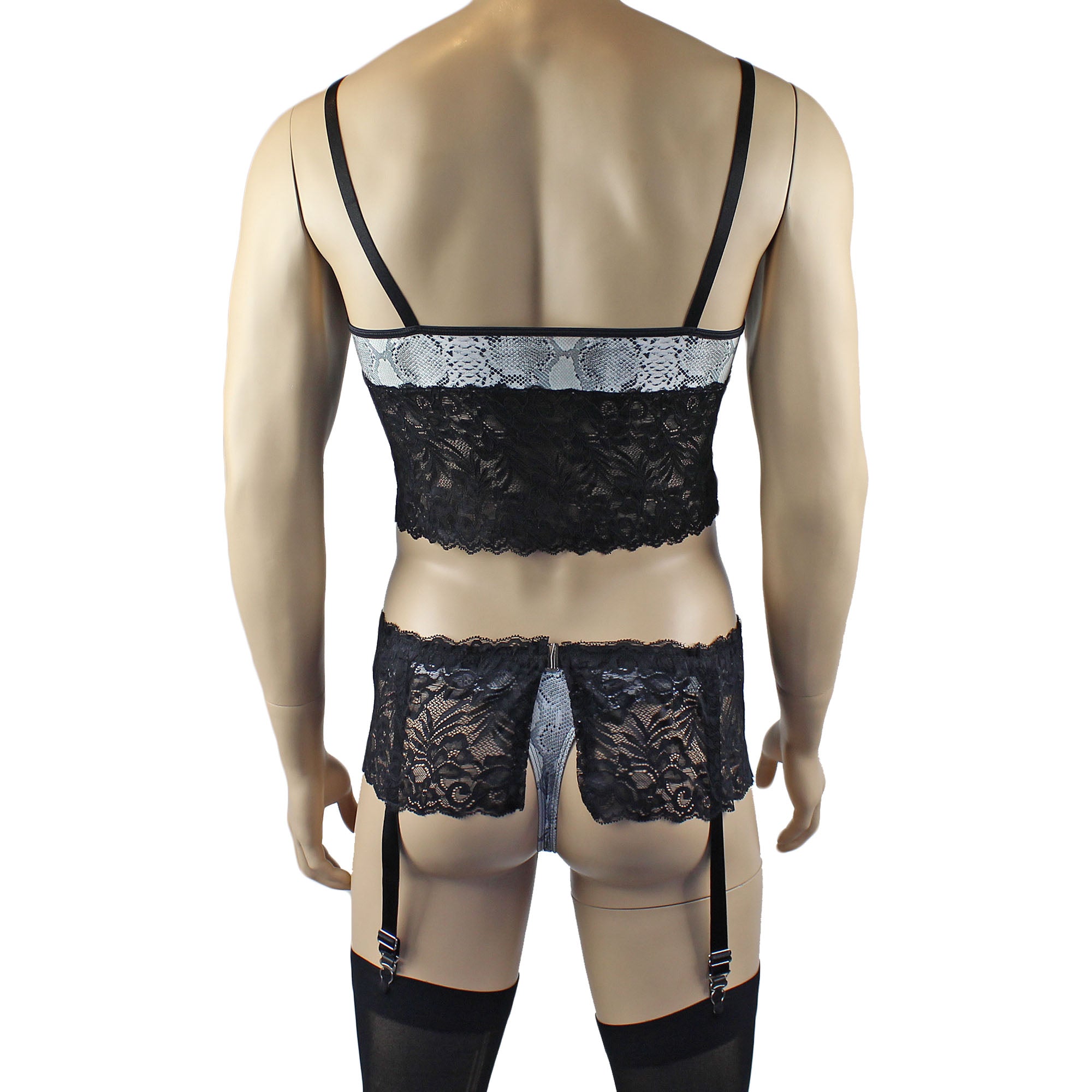 Mens Grey Snake Print & Black Lace Mens Bra Top Camisole, Thong, Garter & Stockings