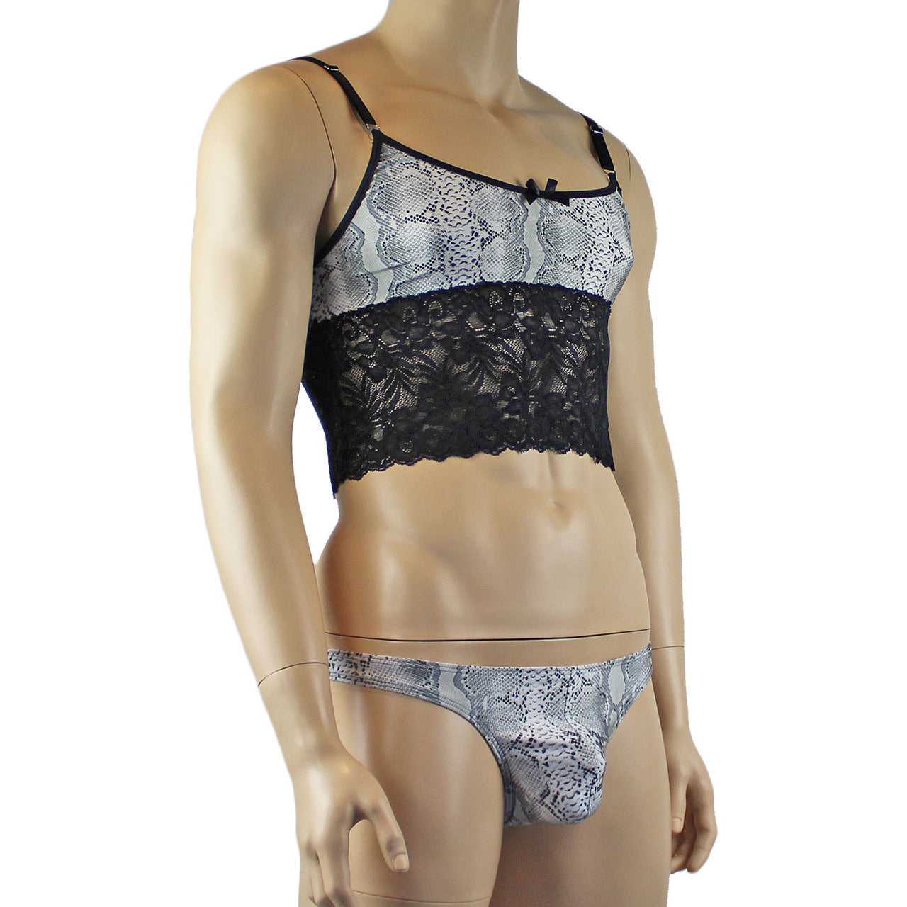 Mens Grey Snake Print & Black Lace Mens Bra Top Camisole and Thong