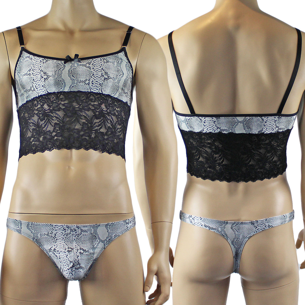 Mens Grey Snake Print & Black Lace Mens Bra Top Camisole and Thong