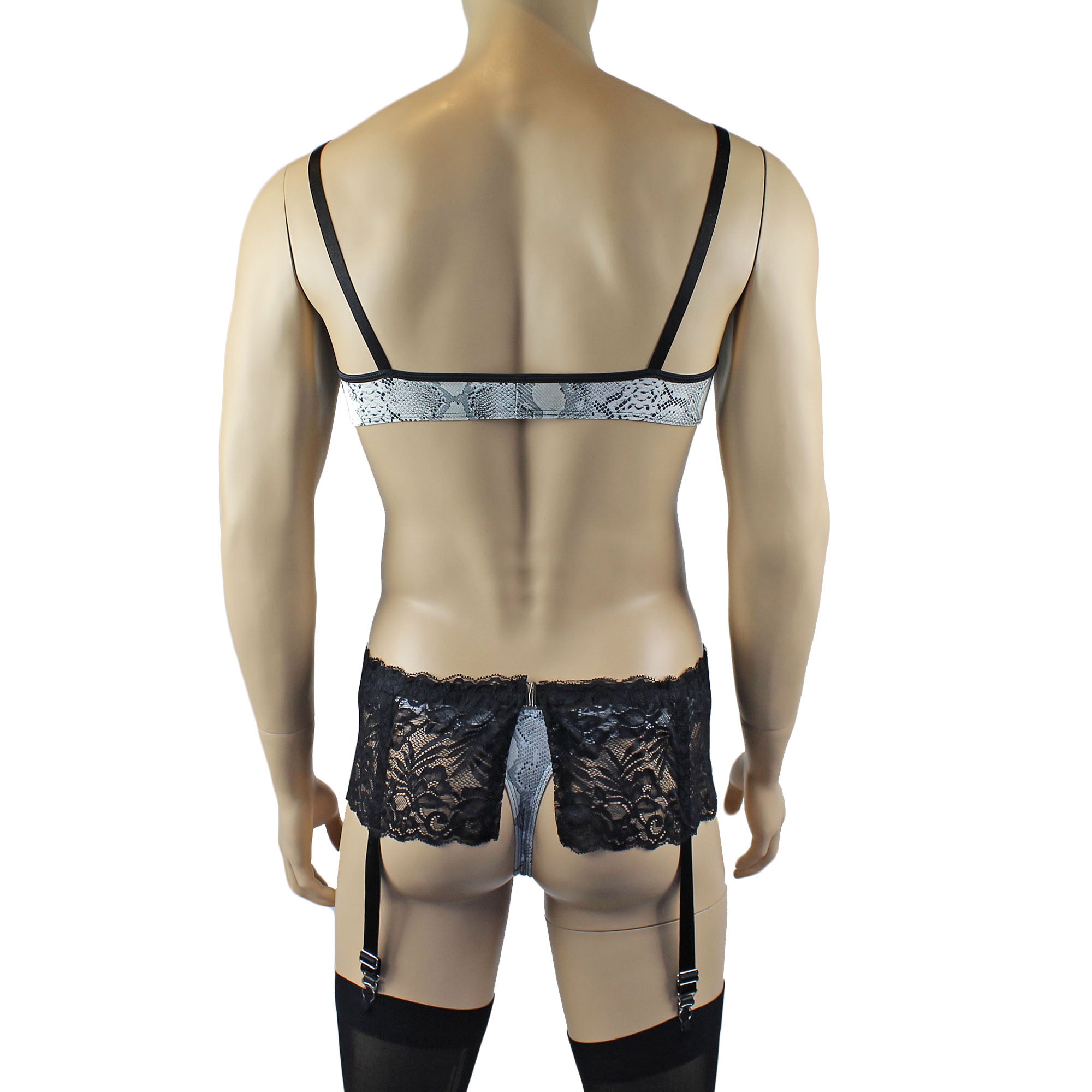 Mens Grey Snake Print & Black Lace Mens Bra Top, Thong, Garter & Stockings