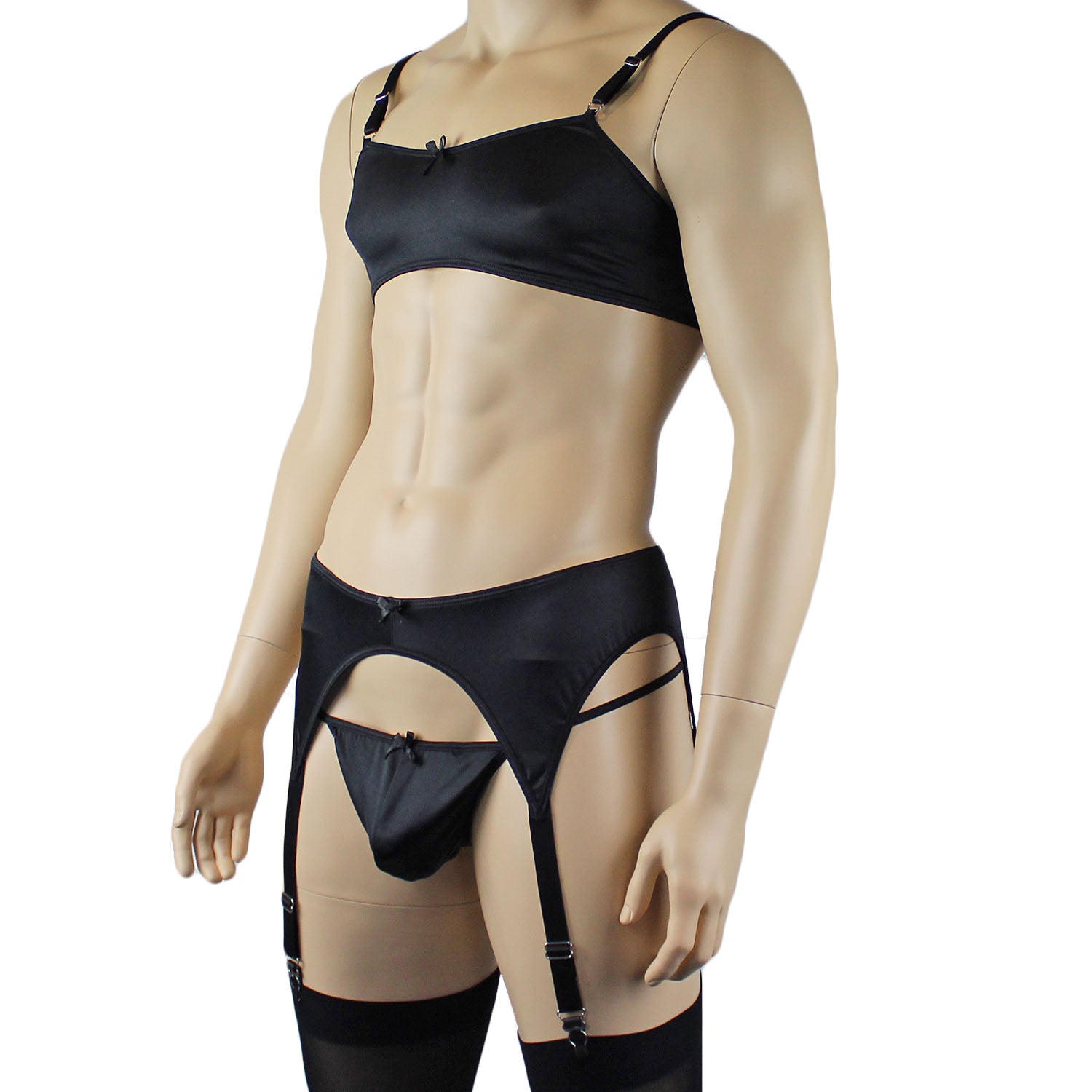 Mens Jenny Satin Bra Top, G string and Garterbelt Lingerie Black