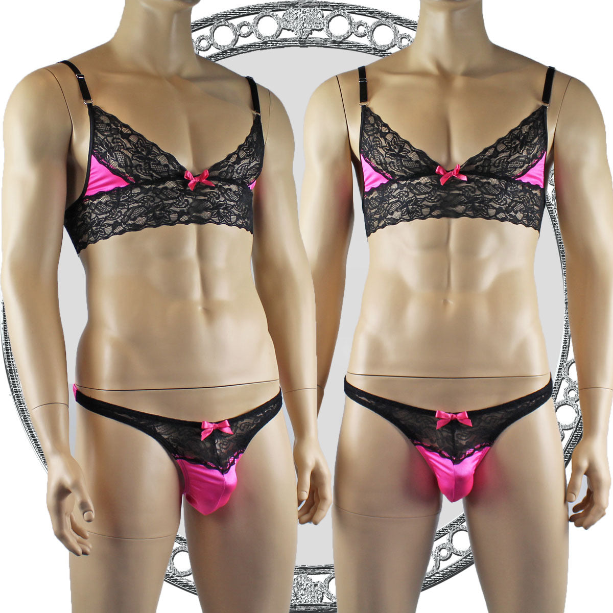 Mens Joanne Lace Bra Top Lingerie and Thong for Men Hot Pink and Black Lace