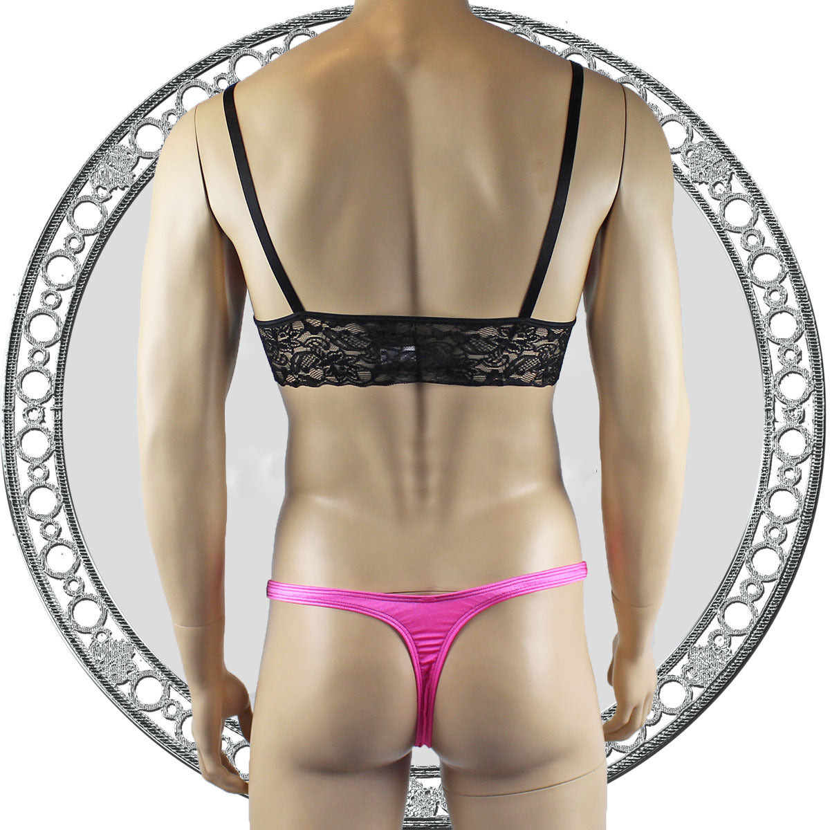 Mens Joanne Lace Bra Top Lingerie and Thong for Men Hot Pink and Black Lace