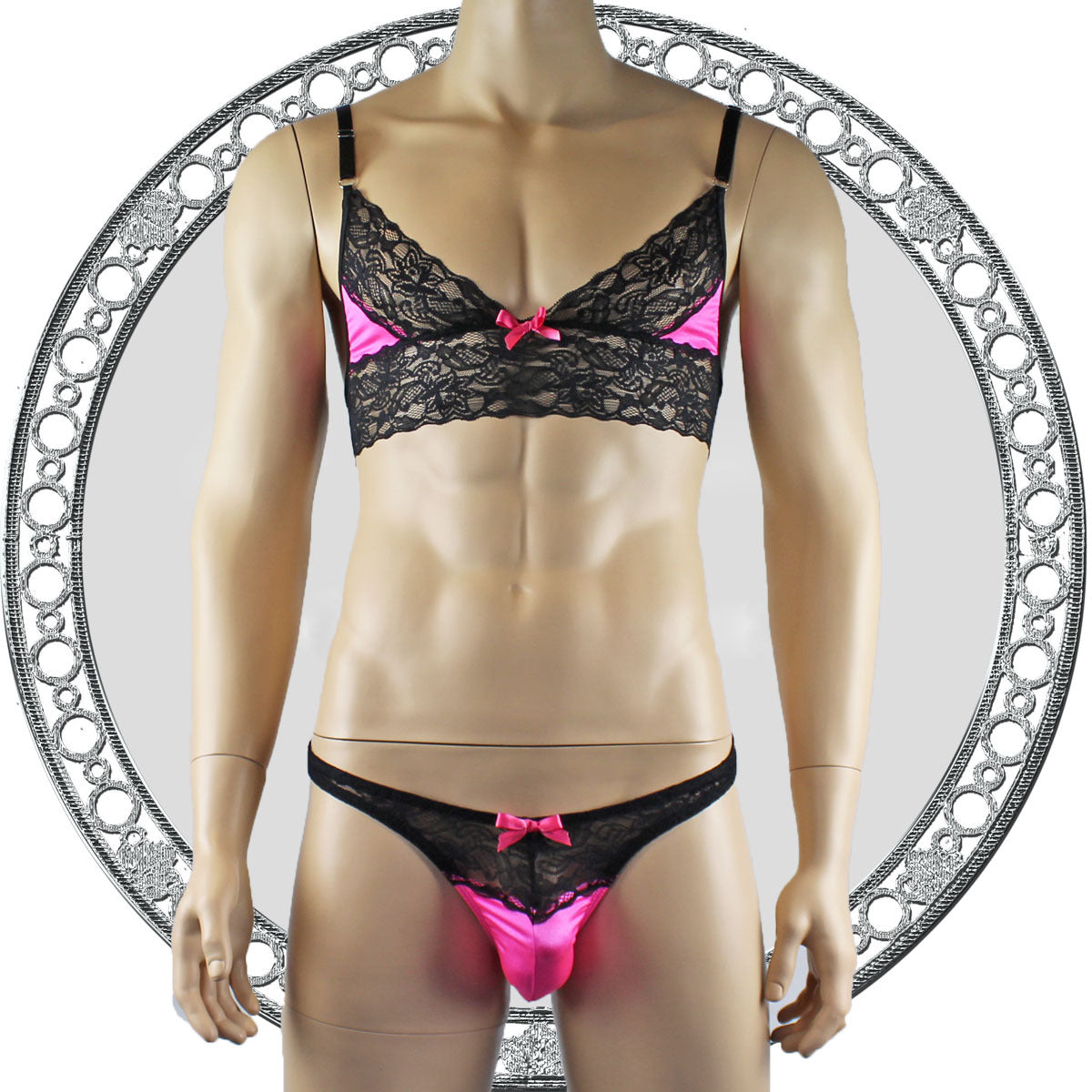 Mens Joanne Lace Bra Top Lingerie and Thong for Men Hot Pink and Black Lace