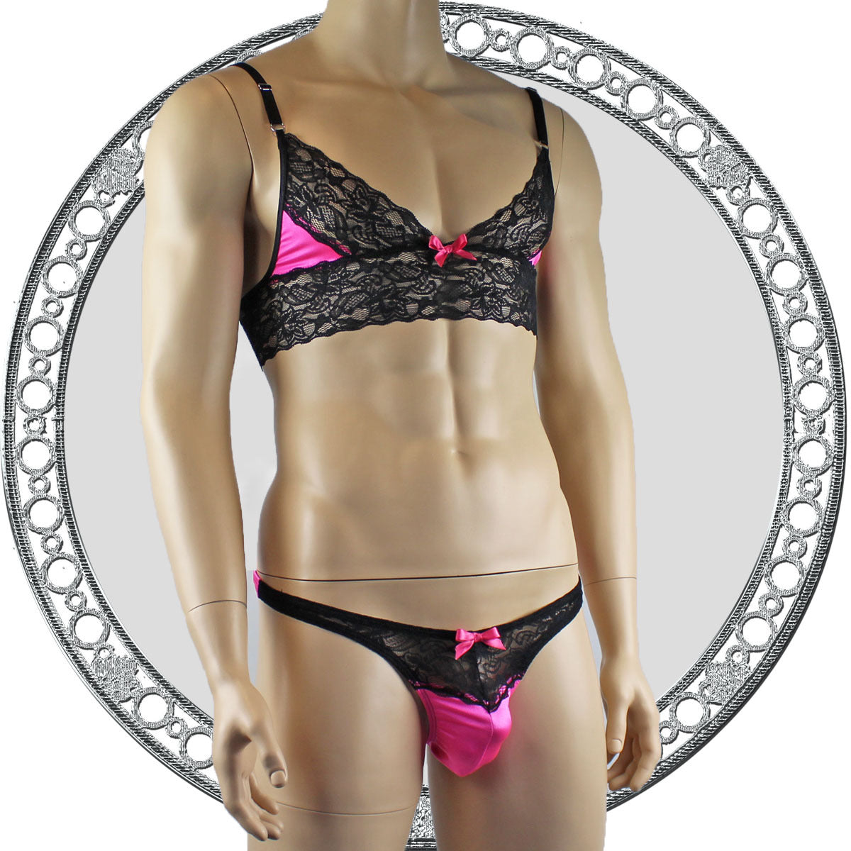 Mens Joanne Lace Bra Top Lingerie and Thong for Men Hot Pink and Black Lace