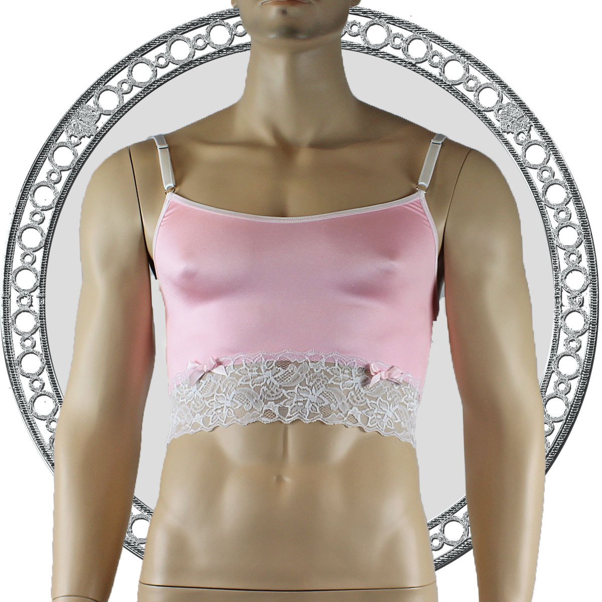 Mens Satin & Lace Crop Cami Top with Sexy Thong Pink and White