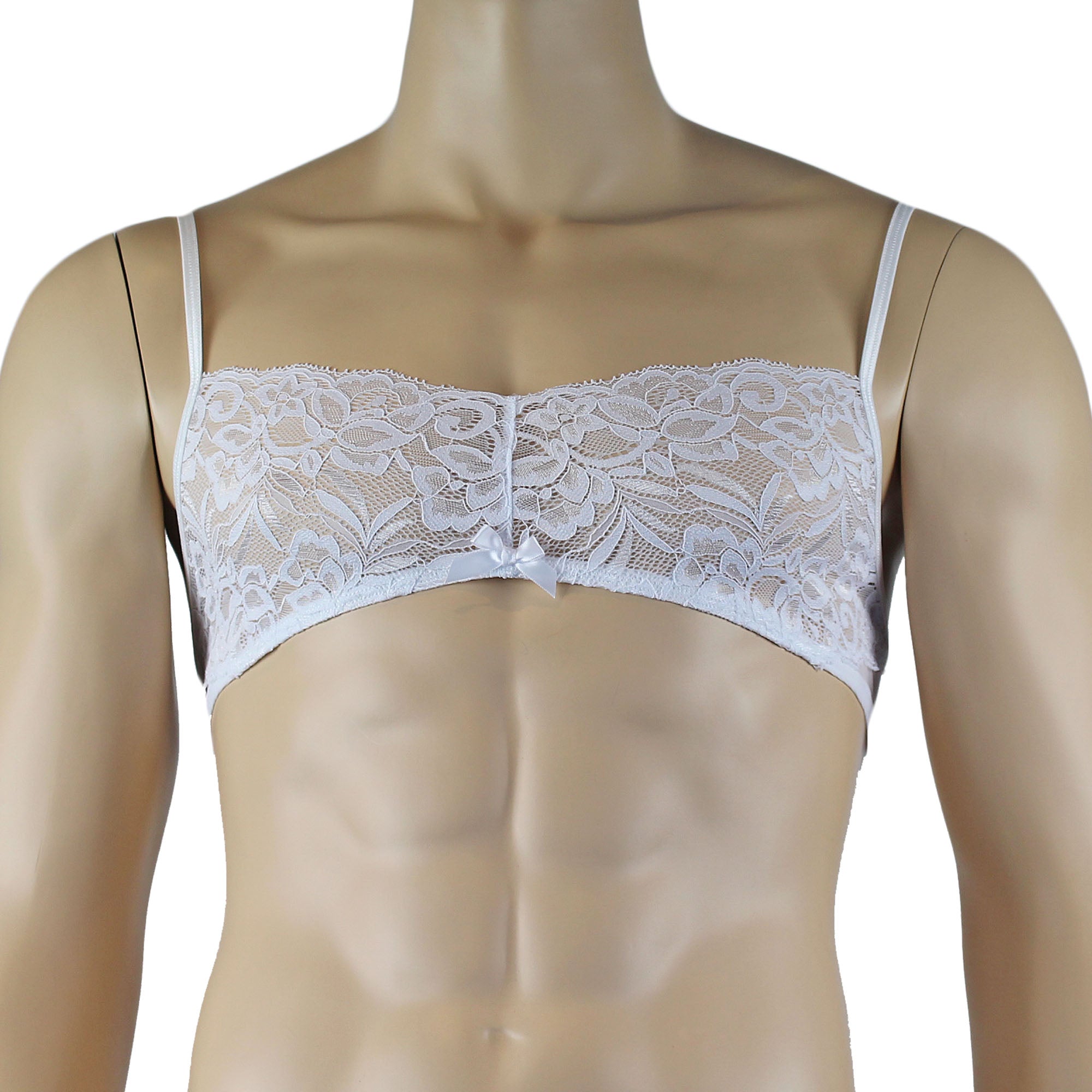 Mens Kristy Lace & Mesh Bra Top and Thong Panty White