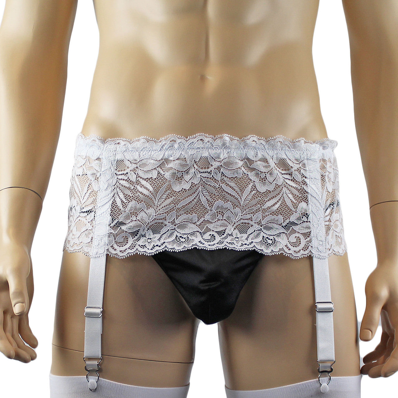 Mens Kristy Wide Lace Garter Belt Black Mens Lingerie White