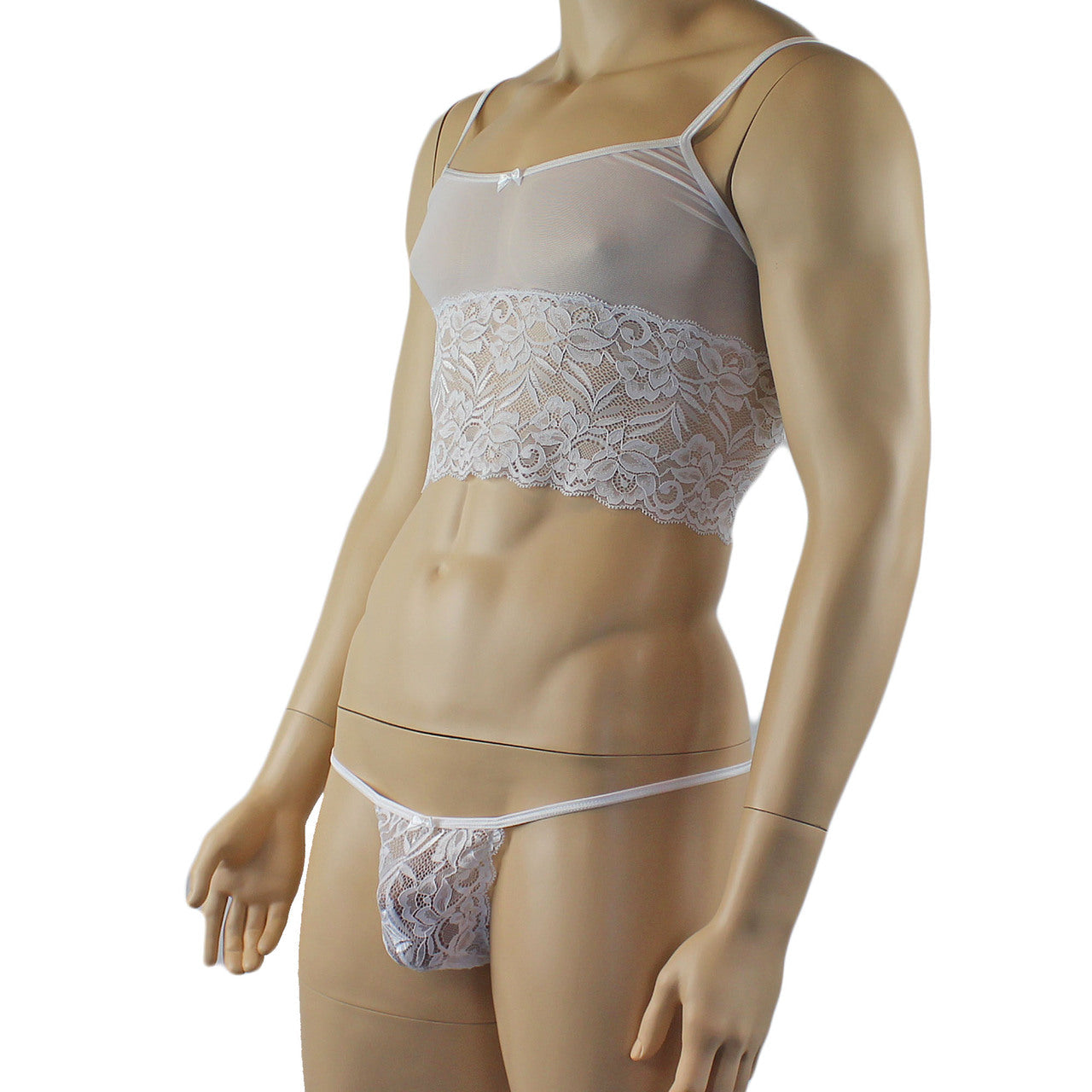 Mens Sexy Lace Camisole Top and Pouch G string (white plus other colours)