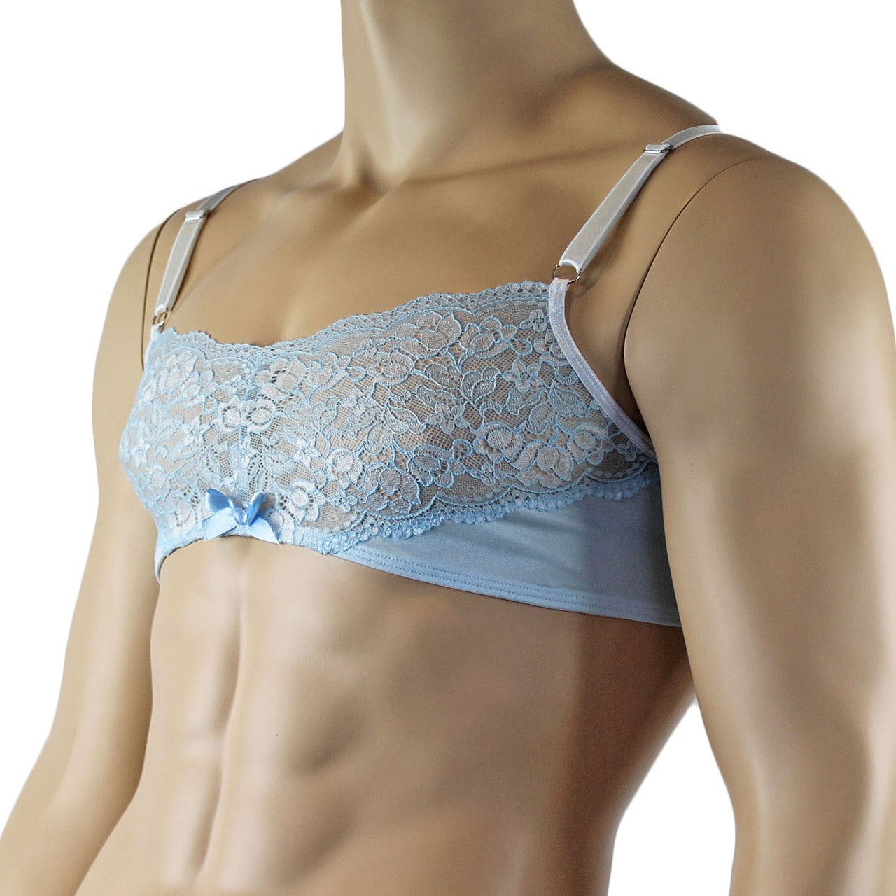 Mens Luxury Bra Top with Beautiful Lace Male Lingerie Light Blue