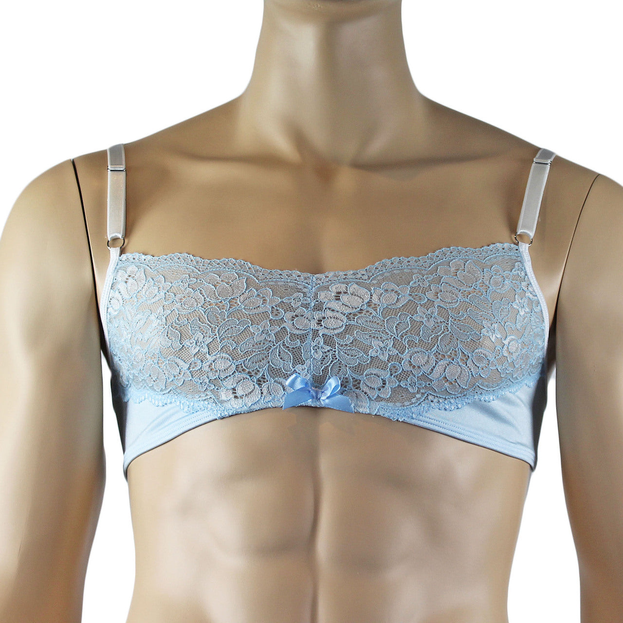 Mens Luxury Bra Top with Beautiful Lace Male Lingerie Light Blue