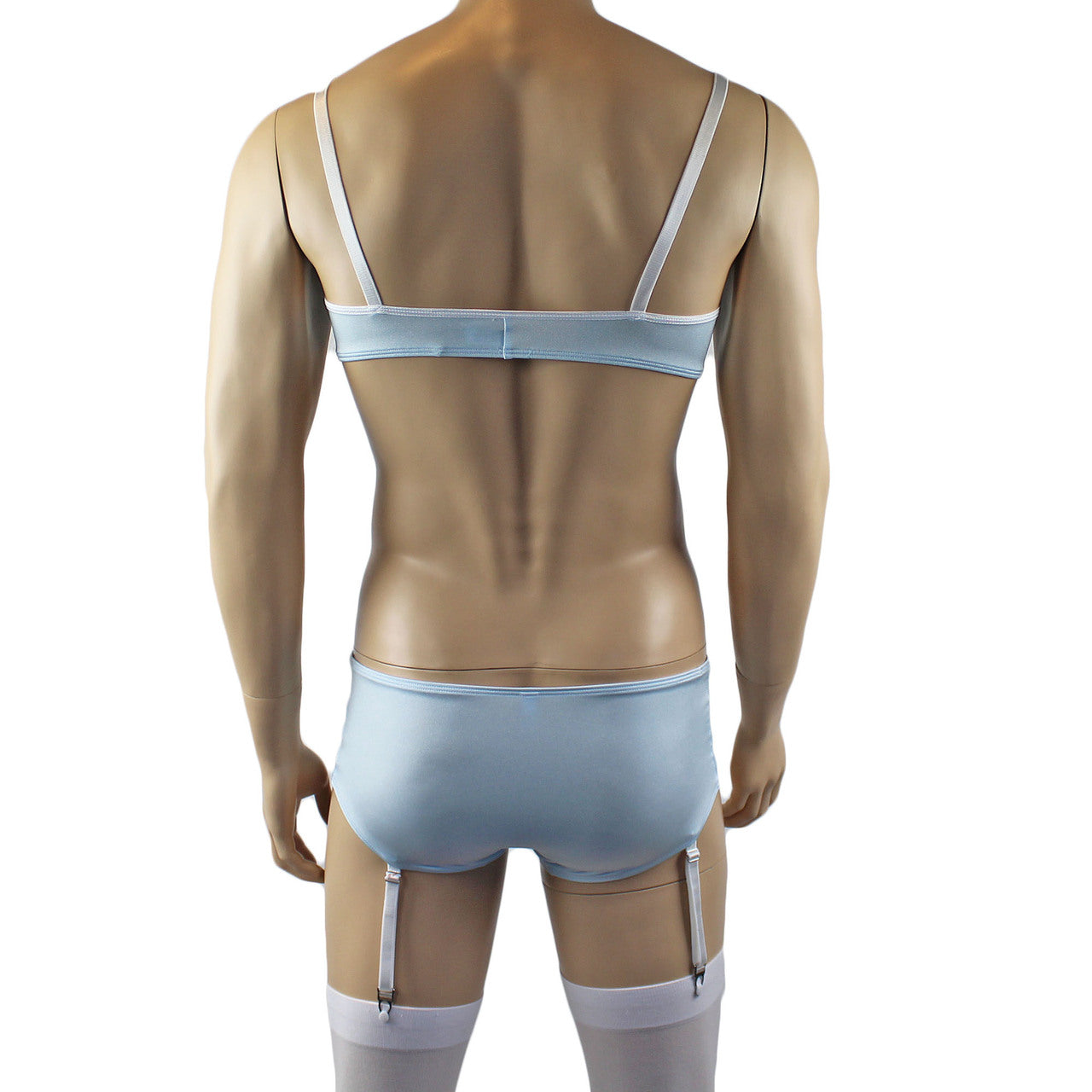 Mens Luxury Bra Top and Boxer Brief with Garters & Stockings Light Blue