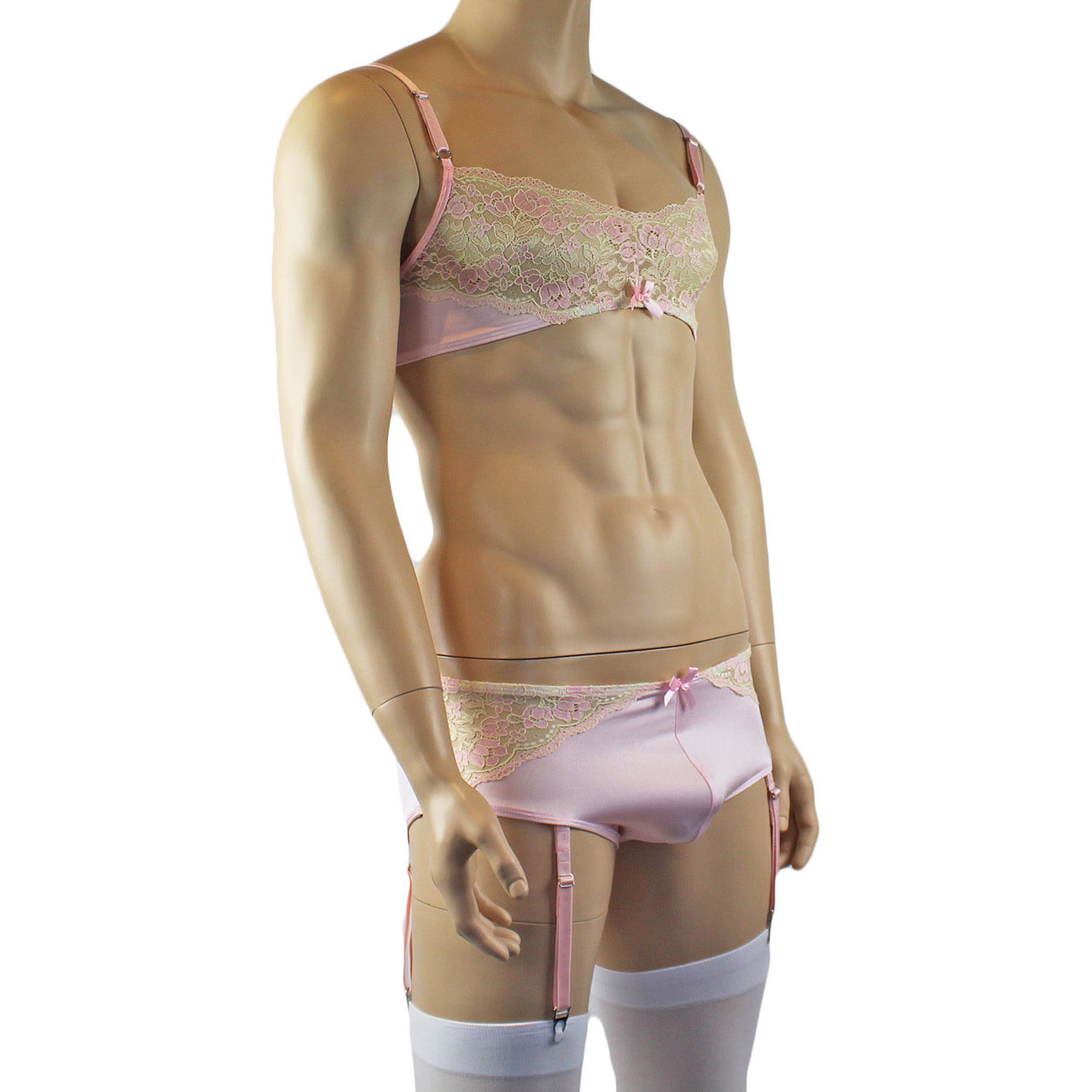 Mens Luxury Bra Top and Boxer Brief with Garters & Stockings Pink
