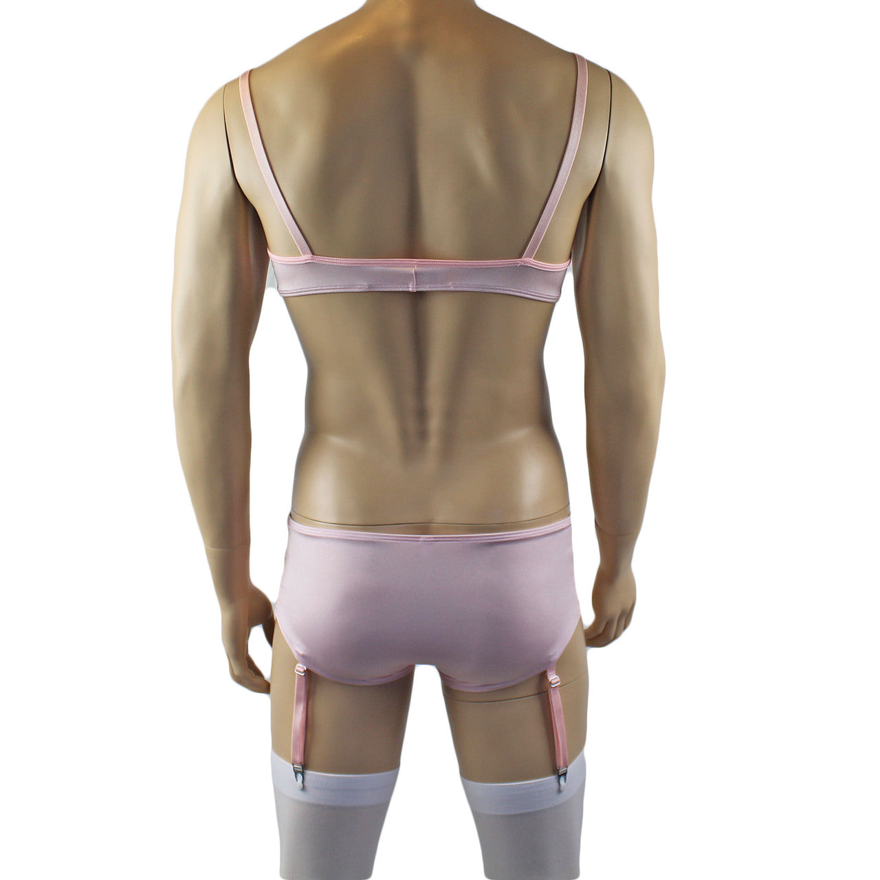 Mens Luxury Bra Top and Boxer Brief with Garters & Stockings Pink