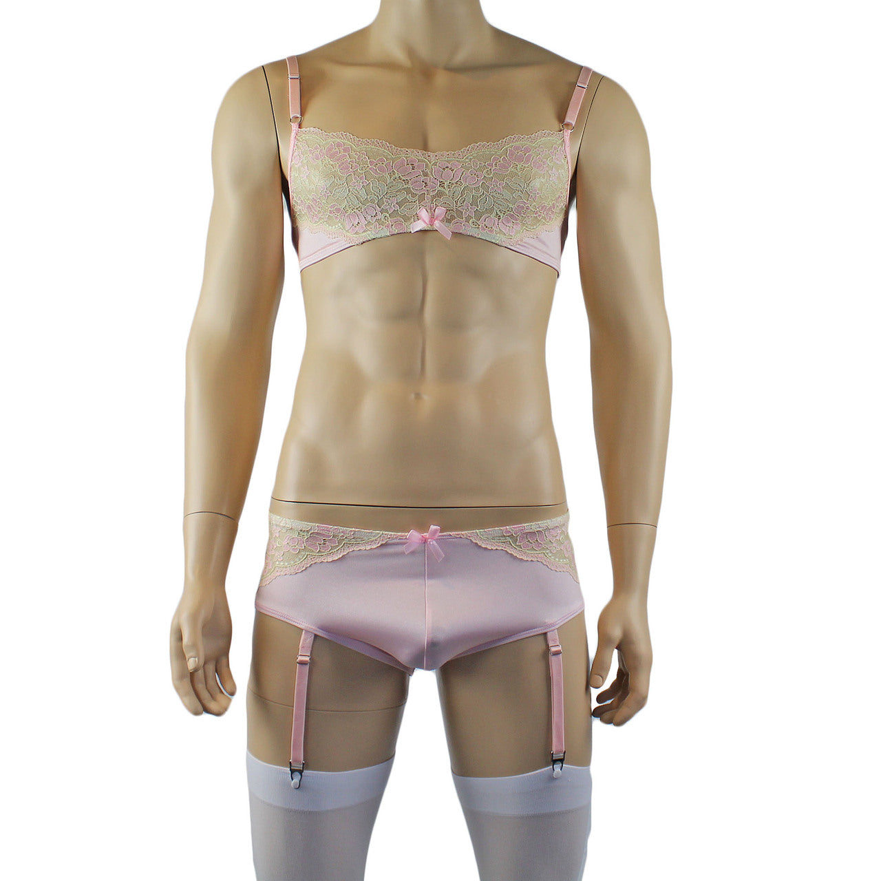 Mens Luxury Bra Top and Boxer Brief with Garters & Stockings Pink
