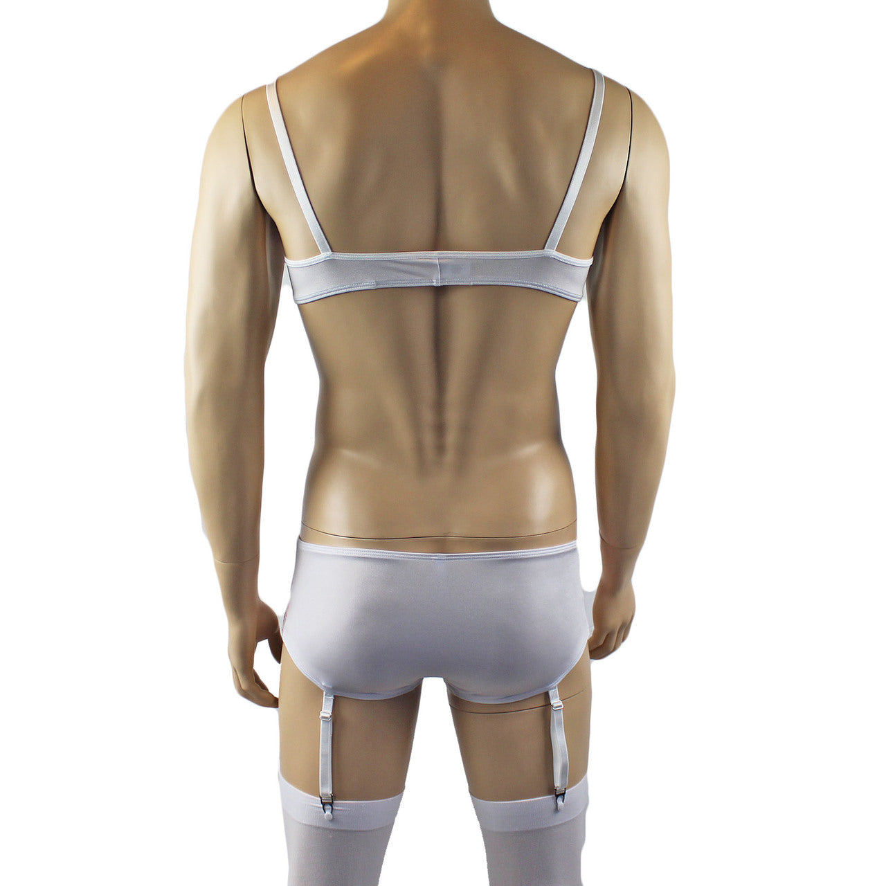 Mens Luxury Bra Top and Boxer Brief with Garters & Stockings White