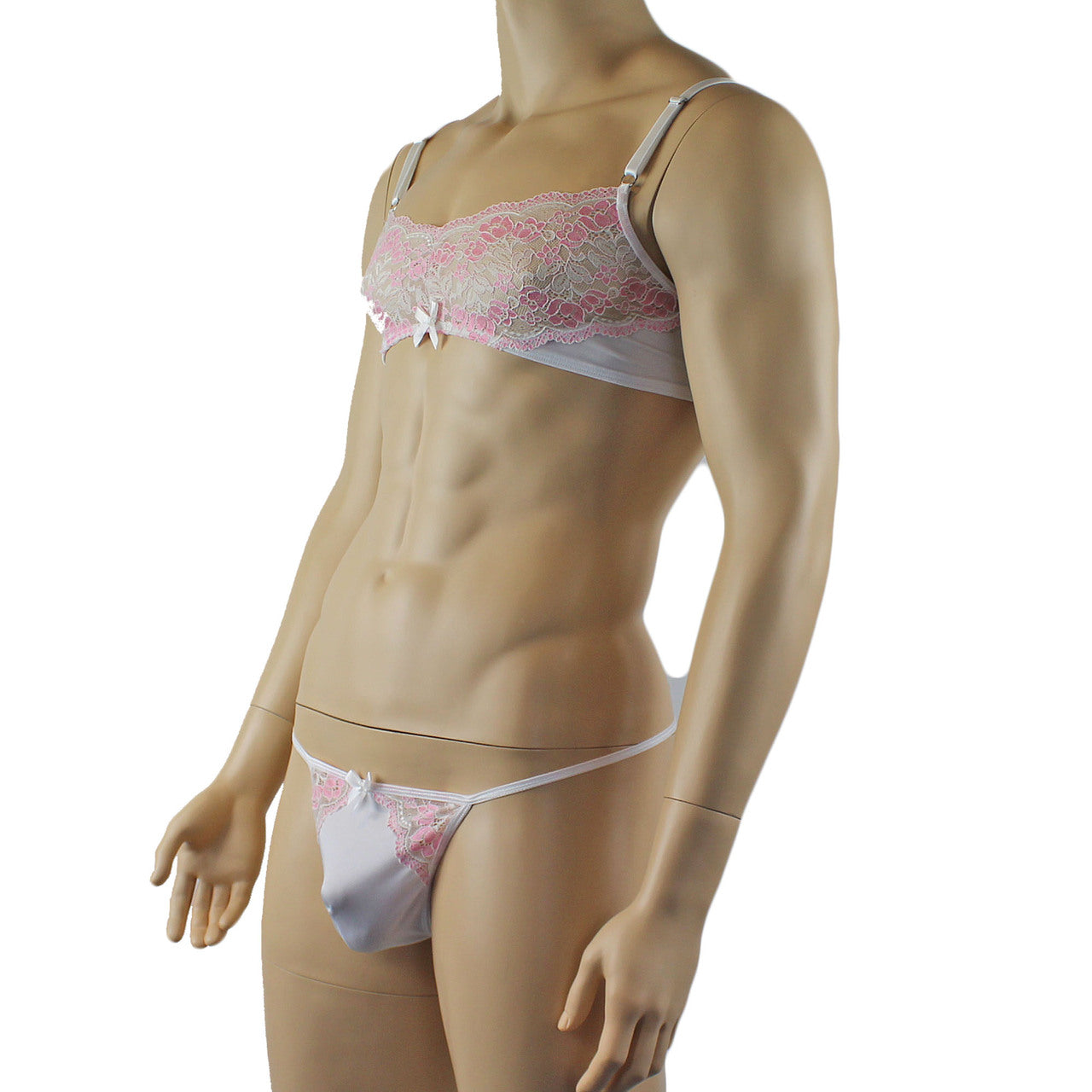 Mens Luxury Spandex & Lace Bra Top and G string White