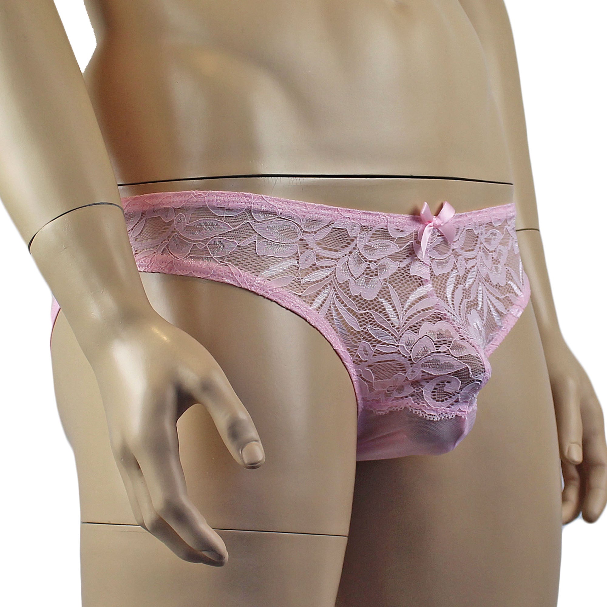 Mens Kristy Sexy Lace Bikini Brief Panties with See through Back Light Pink