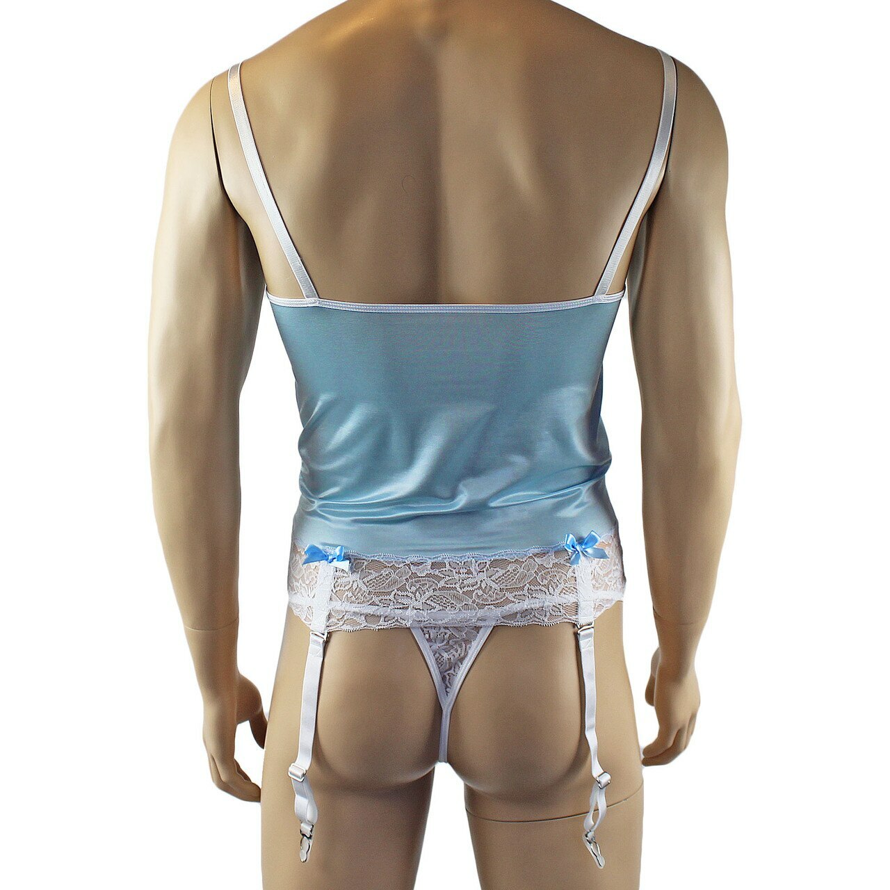 Mens Joanne Camisole Bustier Garter Top with Pouch G string - Sizes up to 3XL Light Blue and White Lace