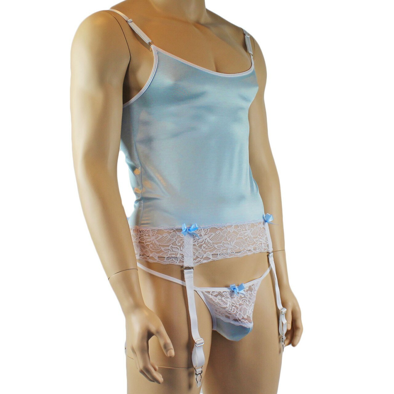 Mens Joanne Camisole Bustier Garter Top with Pouch G string - Sizes up to 3XL Light Blue and White Lace