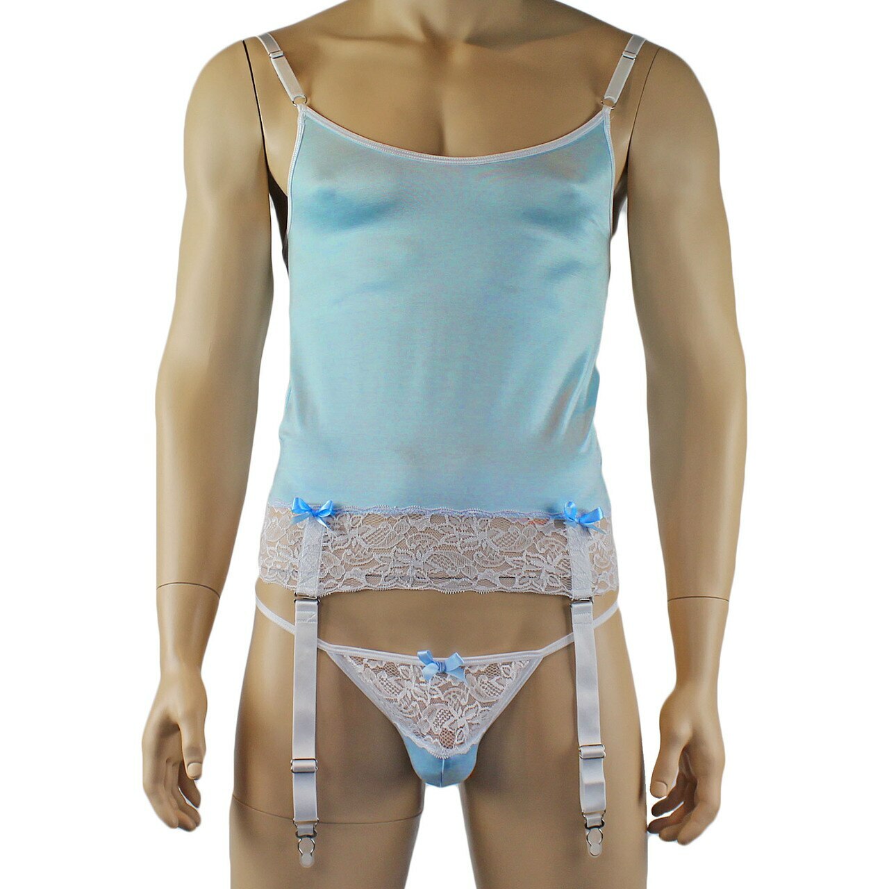 Mens Joanne Camisole Bustier Garter Top with Pouch G string - Sizes up to 3XL Light Blue and White Lace