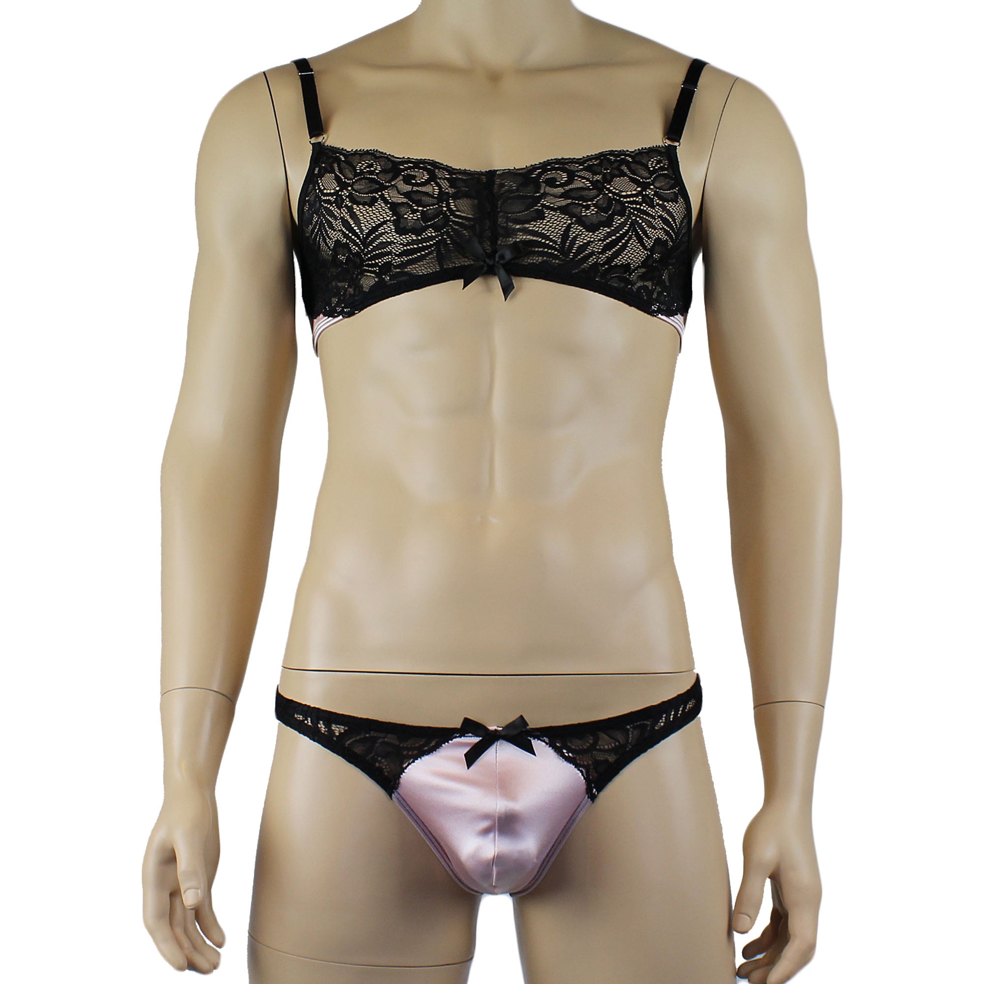 Mens Risque Bra Top and Thong Light Pink and Black Lace