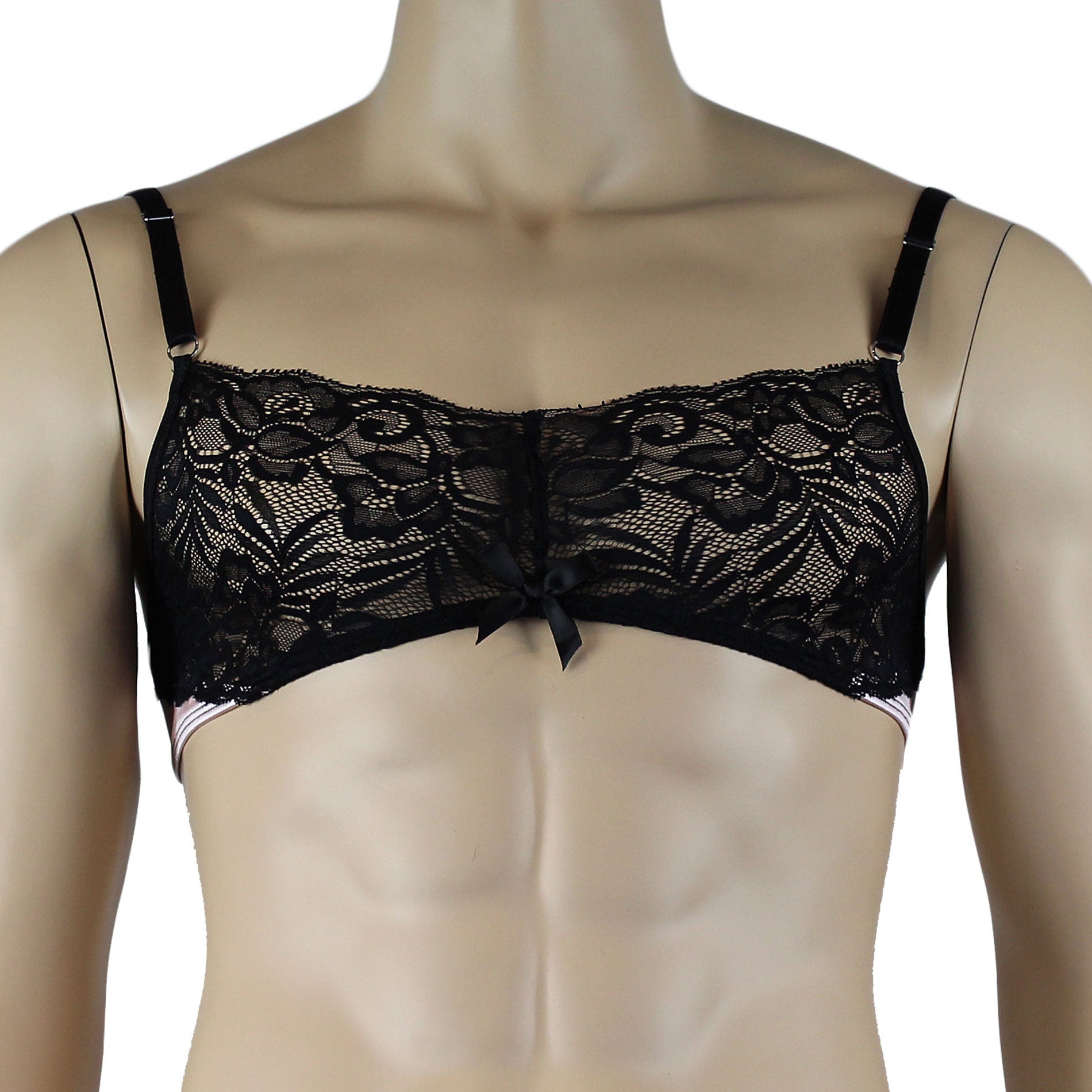 Mens Risque Bra Top with Wide Floral Lace Light Pink & Black Lace