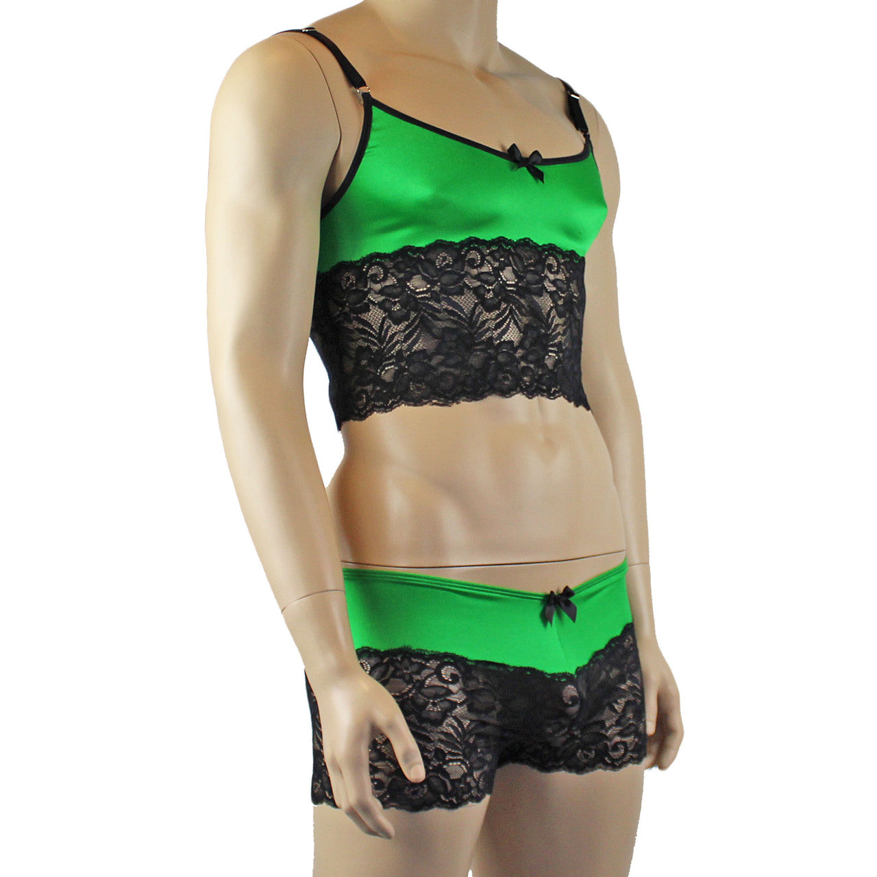 Mens Risque Camisole Top Boxer Briefs Green and Black Lace