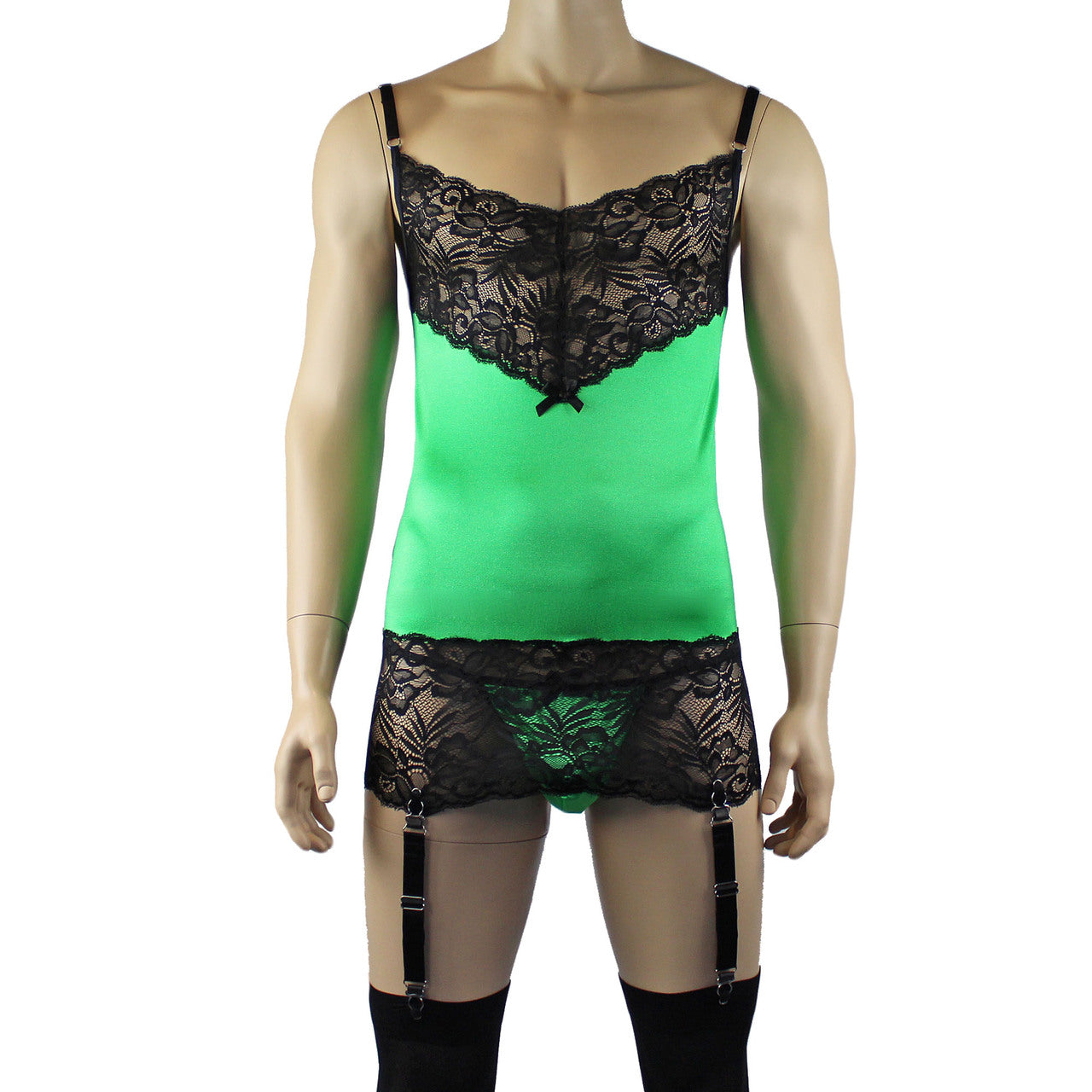 Mens Risque Camisole Mini Dress Chemise, G string & Stockings Green & Black