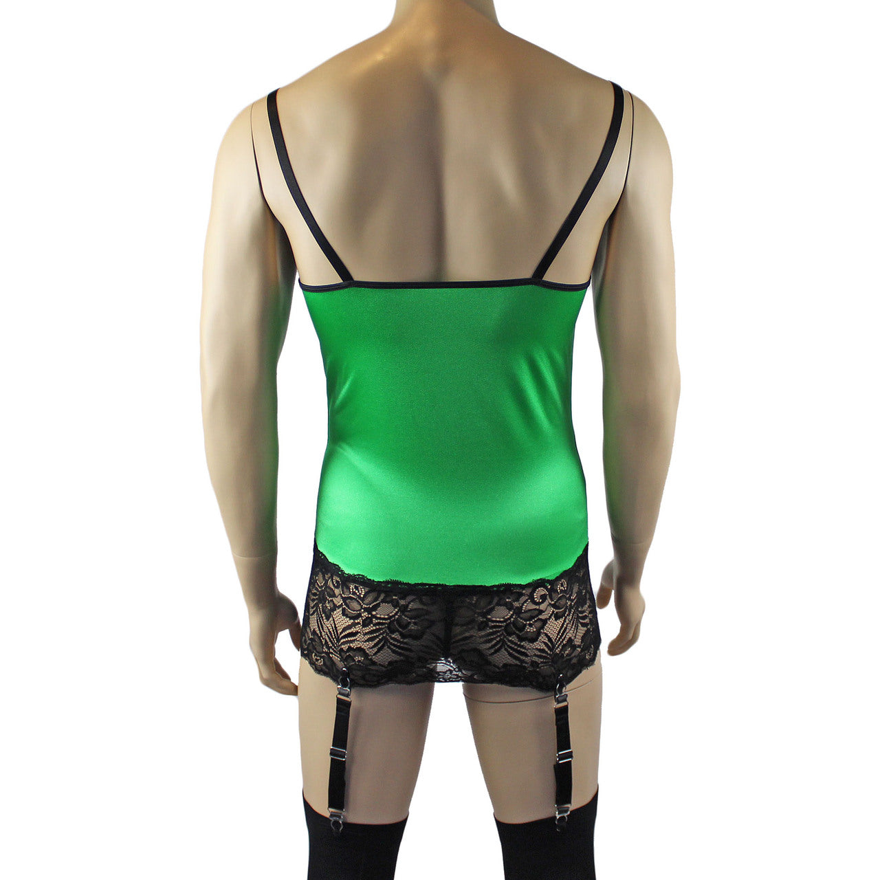 Mens Risque Camisole Mini Dress Chemise, G string & Stockings Green & Black