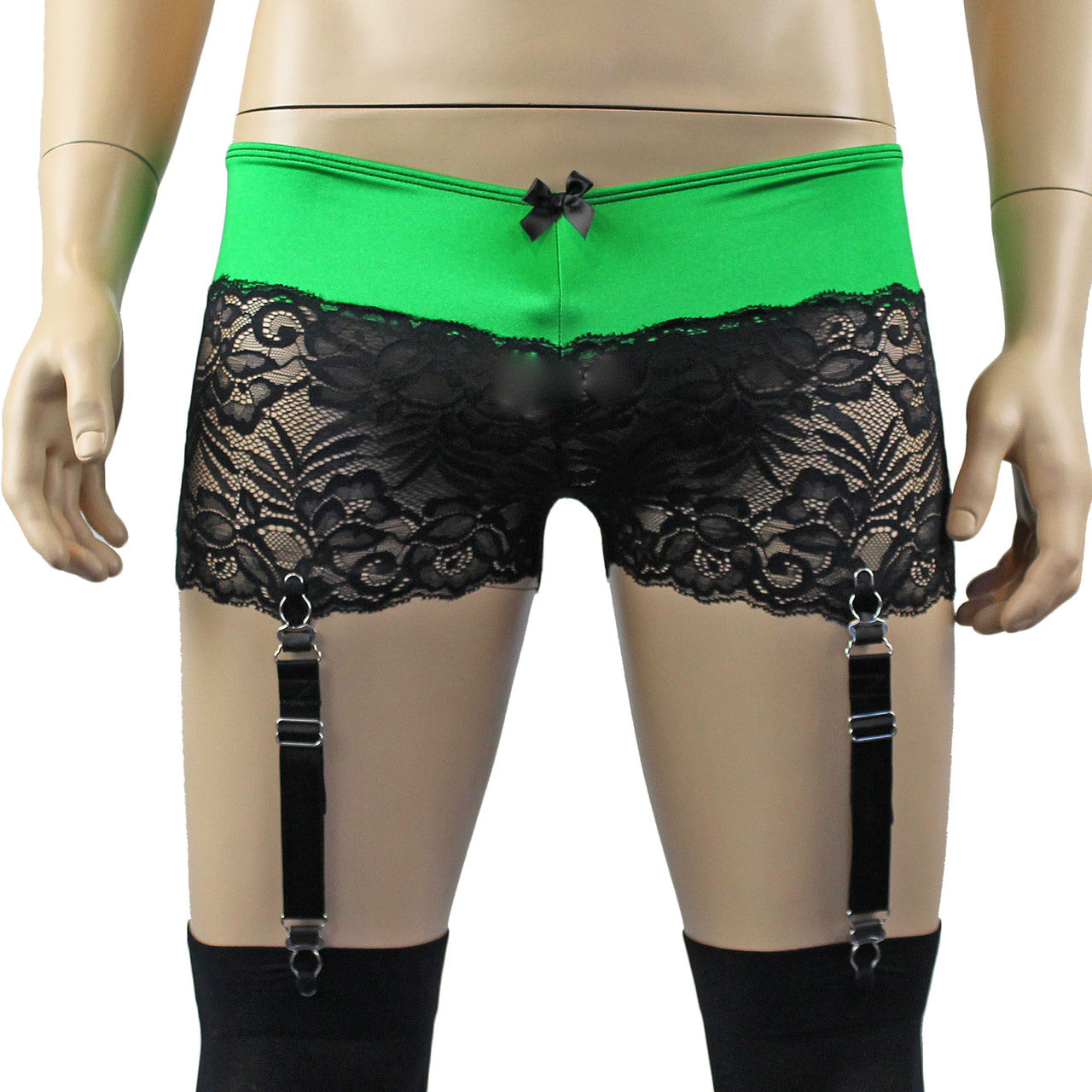 Mens Risque Boxer Briefs with Detachable Garters & Stockings Green and Black Lace
