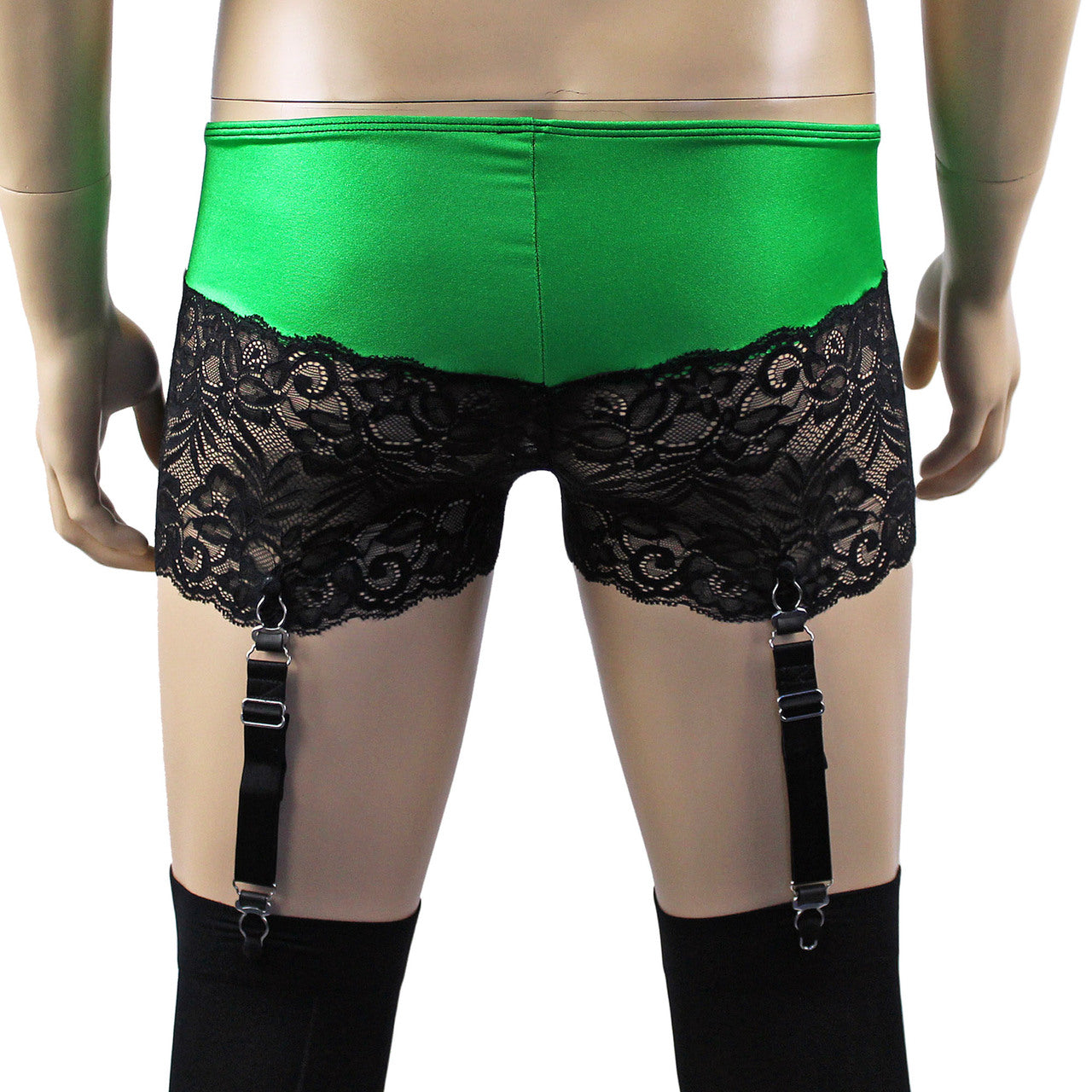 Mens Risque Boxer Briefs with Detachable Garters & Stockings Green and Black Lace