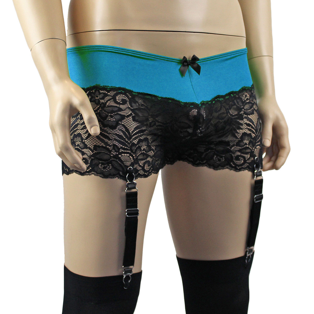 Mens Risque Boxer Briefs with Detachable Garters & Stockings Teal and Black Lace