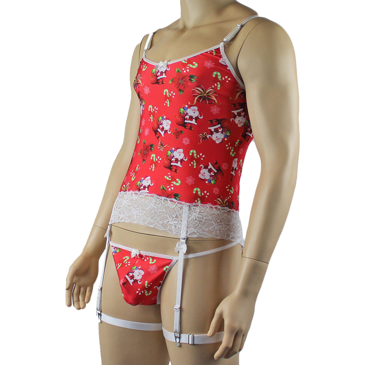 Mens Christmas Santa Camisole Corset Top & Pouch G string & Leg Bands