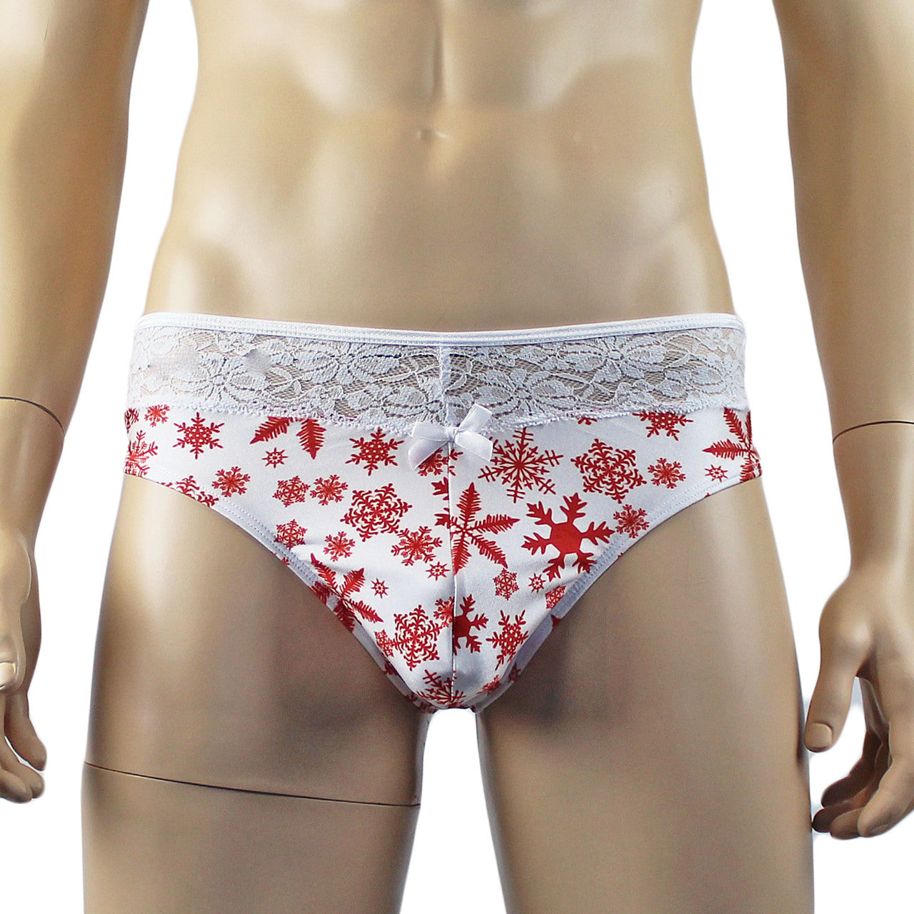 Mens Snowflake Print Spandex High Cut Thong White and Red
