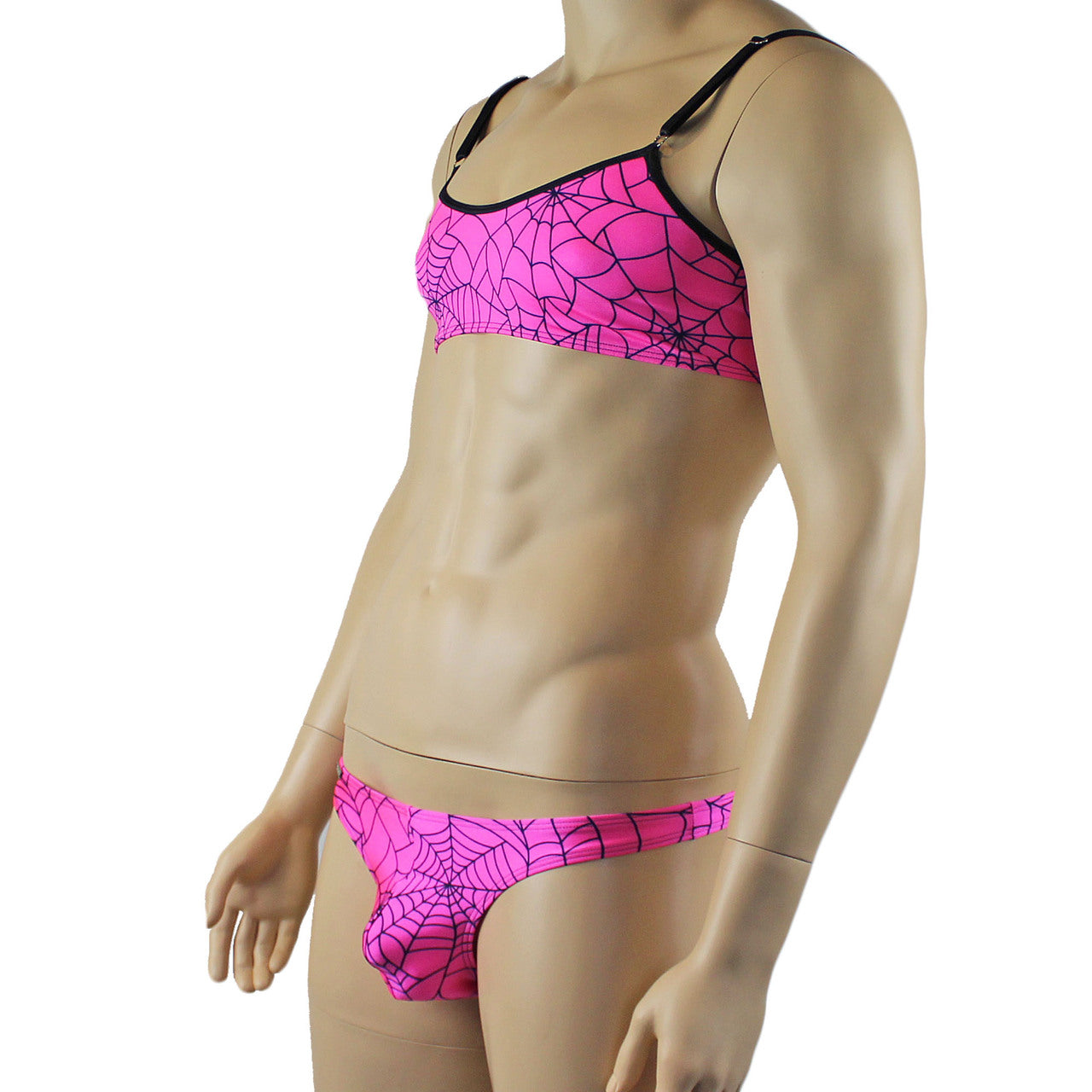 Mens Spider Web Bra Top & Mini Thong Pink