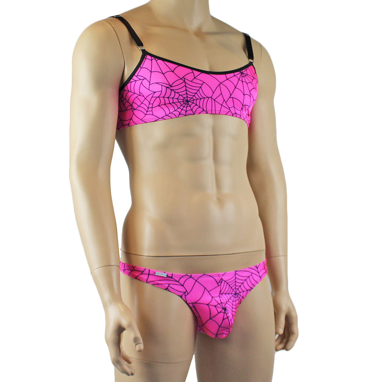 Mens Spider Web Bra Top & Mini Thong Pink