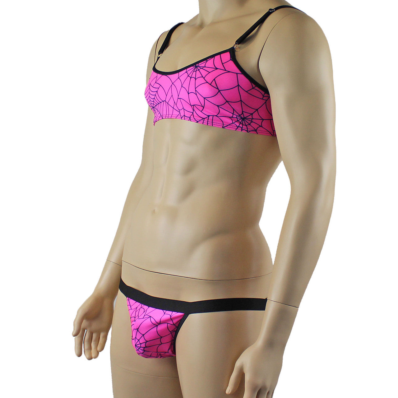Mens Spider Web Bra Top & Jockstrap with Band Pink