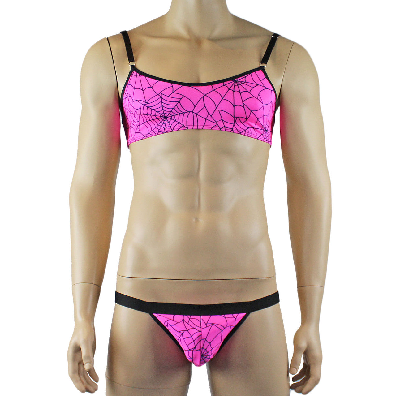 Mens Spider Web Bra Top & Jockstrap with Band Pink