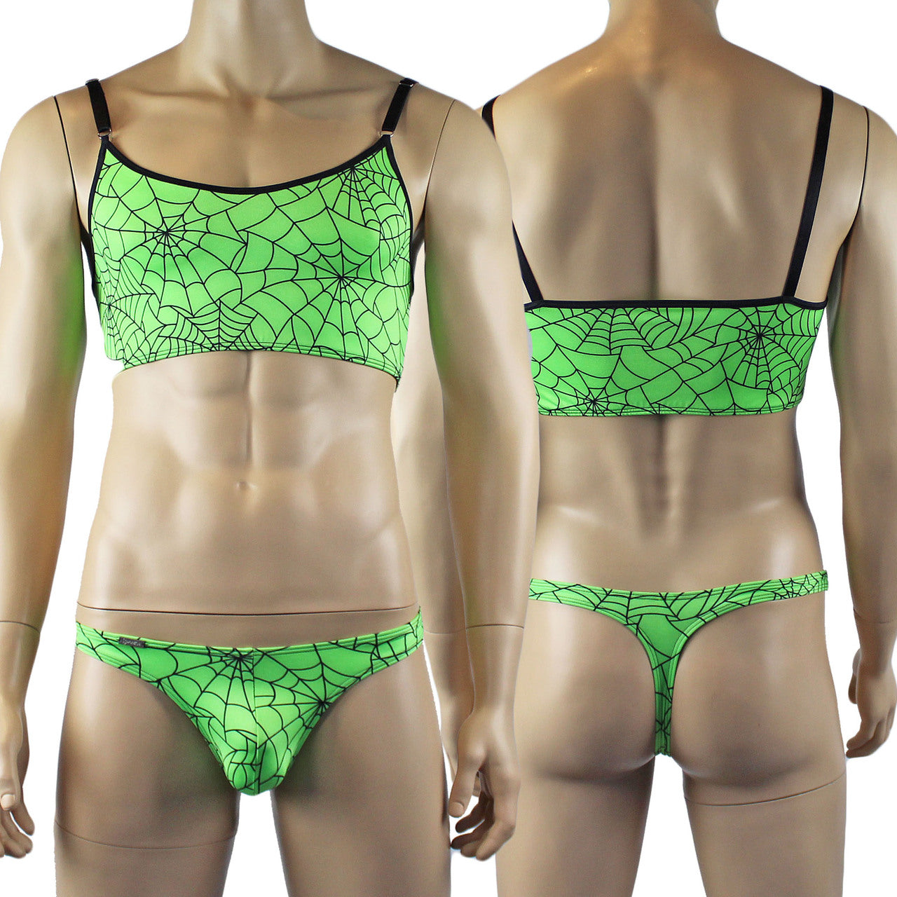 Mens Spider Web Camisole Bra Top & Mini Thong Lime