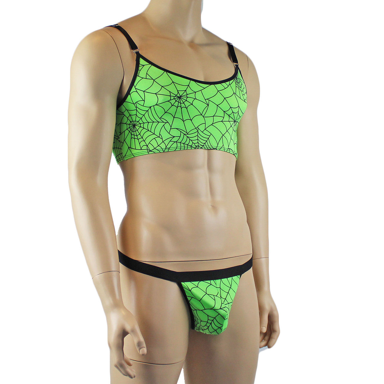 Mens Spider Web Camisole Bra Top & Thong with Band Lime Green