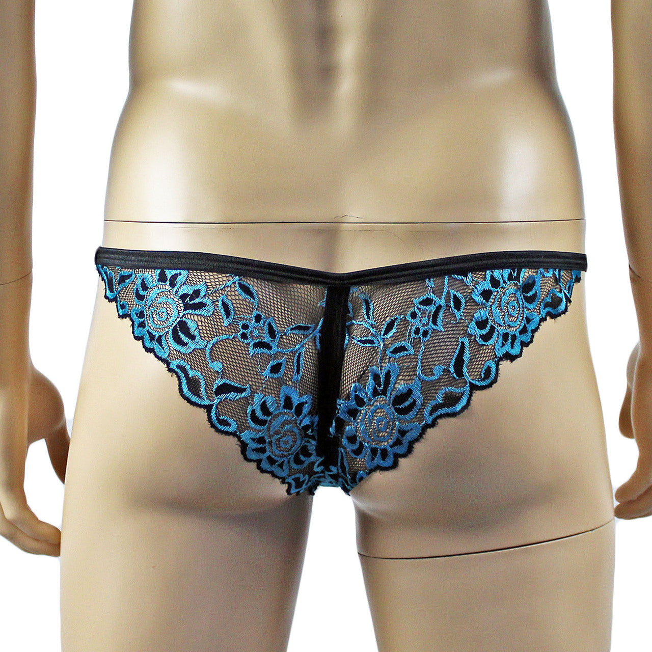 Mens Sassy OPEN BACK Bikini Brief, Male Panties Black & Turquoise